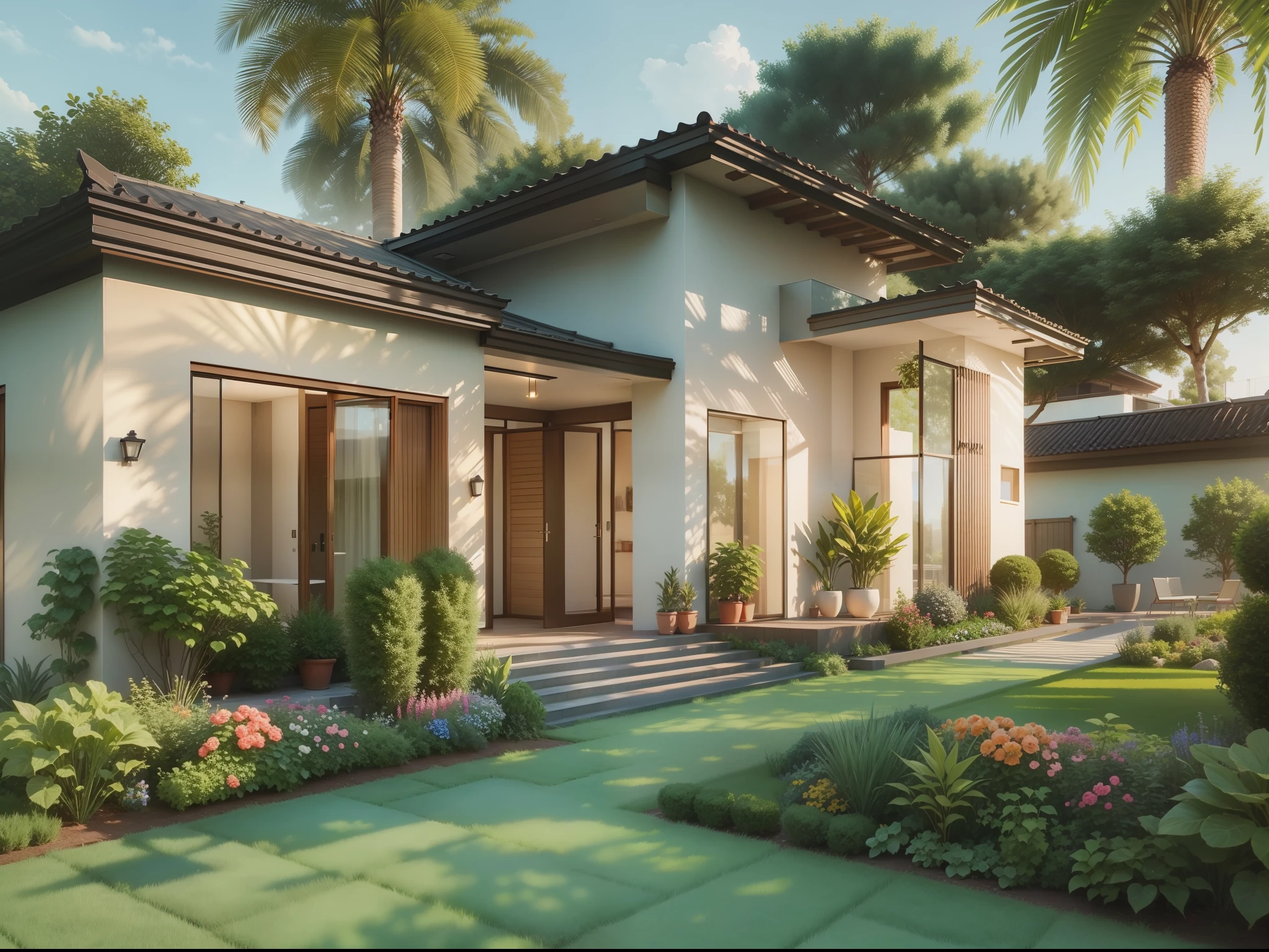 Modern single storey superior villa , trpical garden, lawns, and the sun was shining brightly, the detail, 4K, k hd, high high quality.
