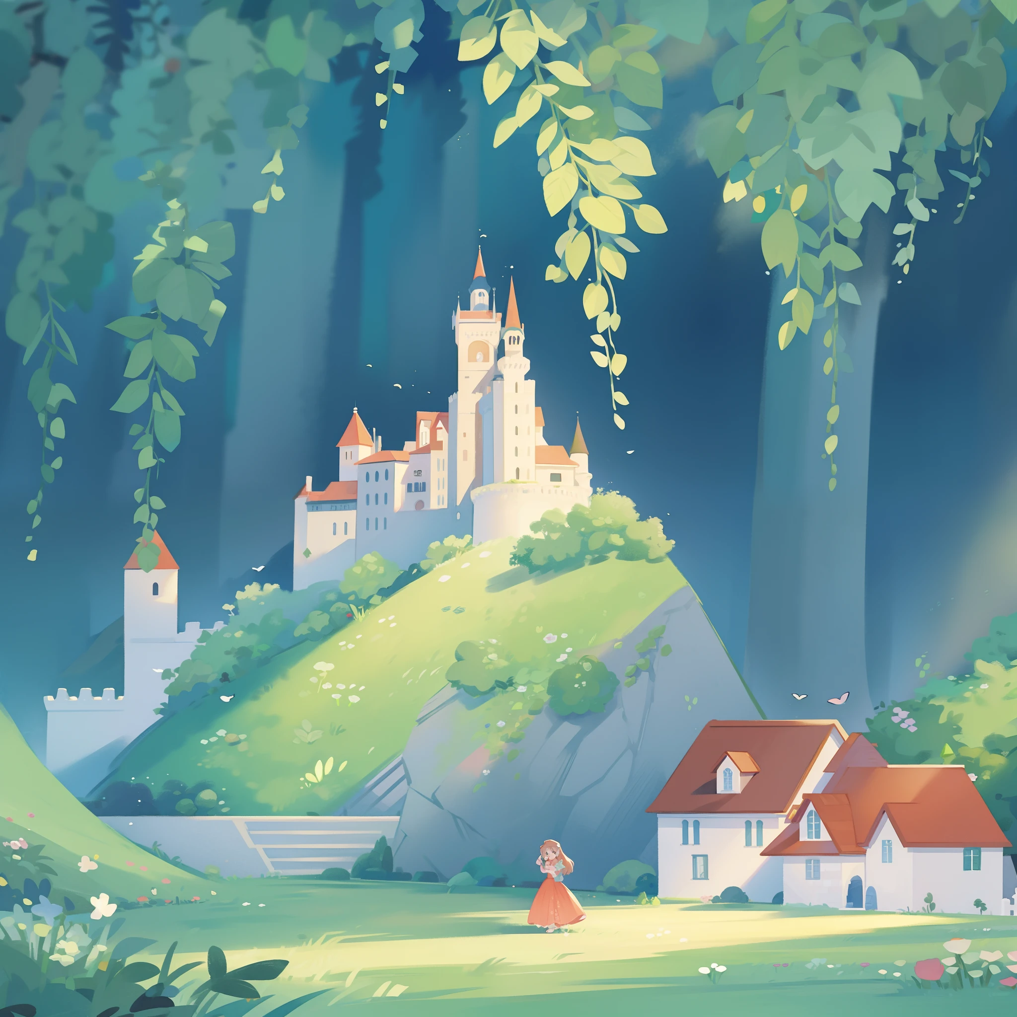 watercolor storybook illustration, hidden huge whimsical asymmetrical castle, warm colors, colorful flower garden, overgrown vines and plants, trees and bushes, ((fairytale castle)), princess castle, fairytale storybook