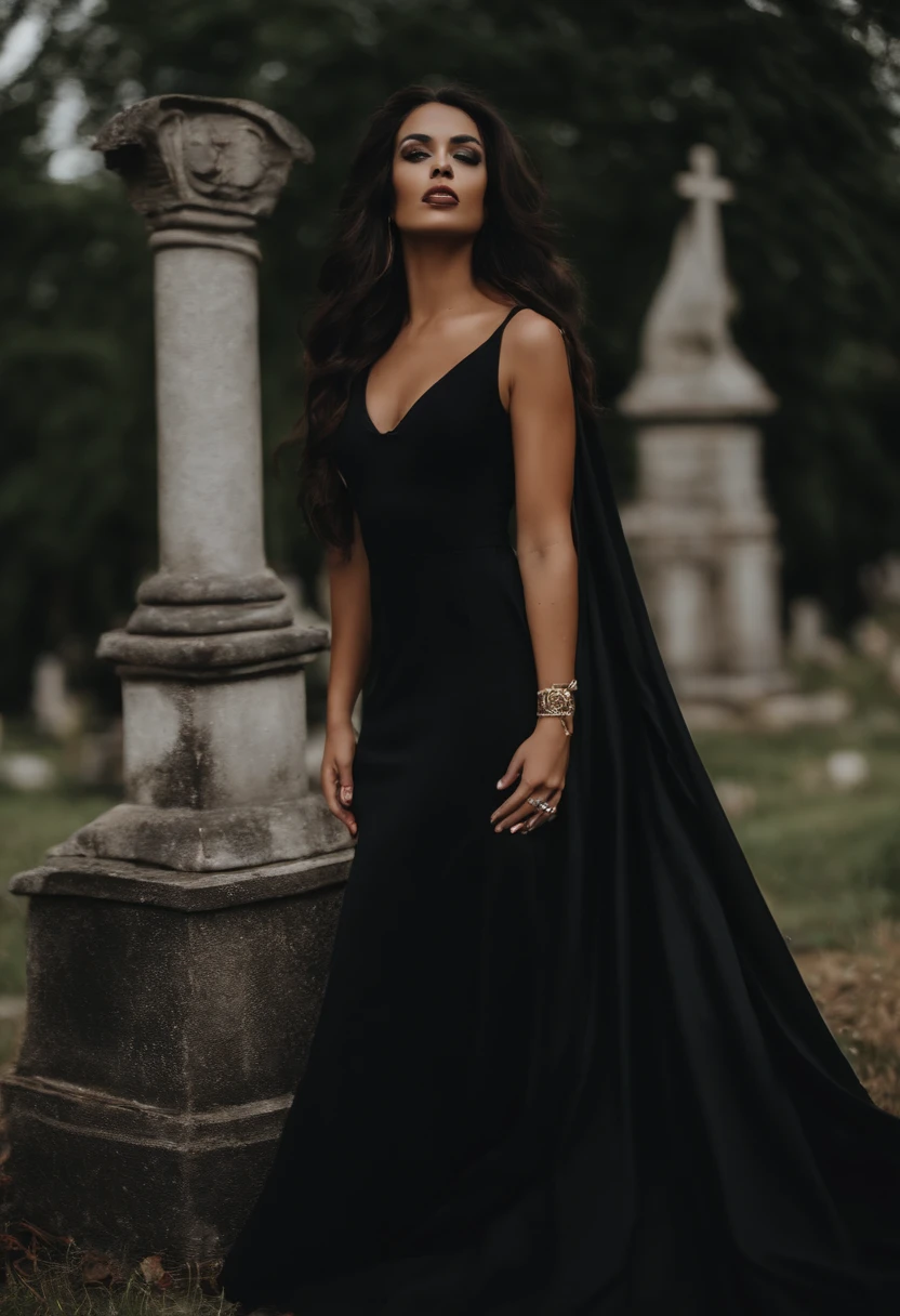 Rosa caveira, rosto mulher branca e metade caveira. cabelos pretos lisos e longo, olhar profundo e olhos negros, batom preto. vestido longo todo preto com capa preta. in the background cemetery. estilo mito. poder e magia. mistic. medieval.
