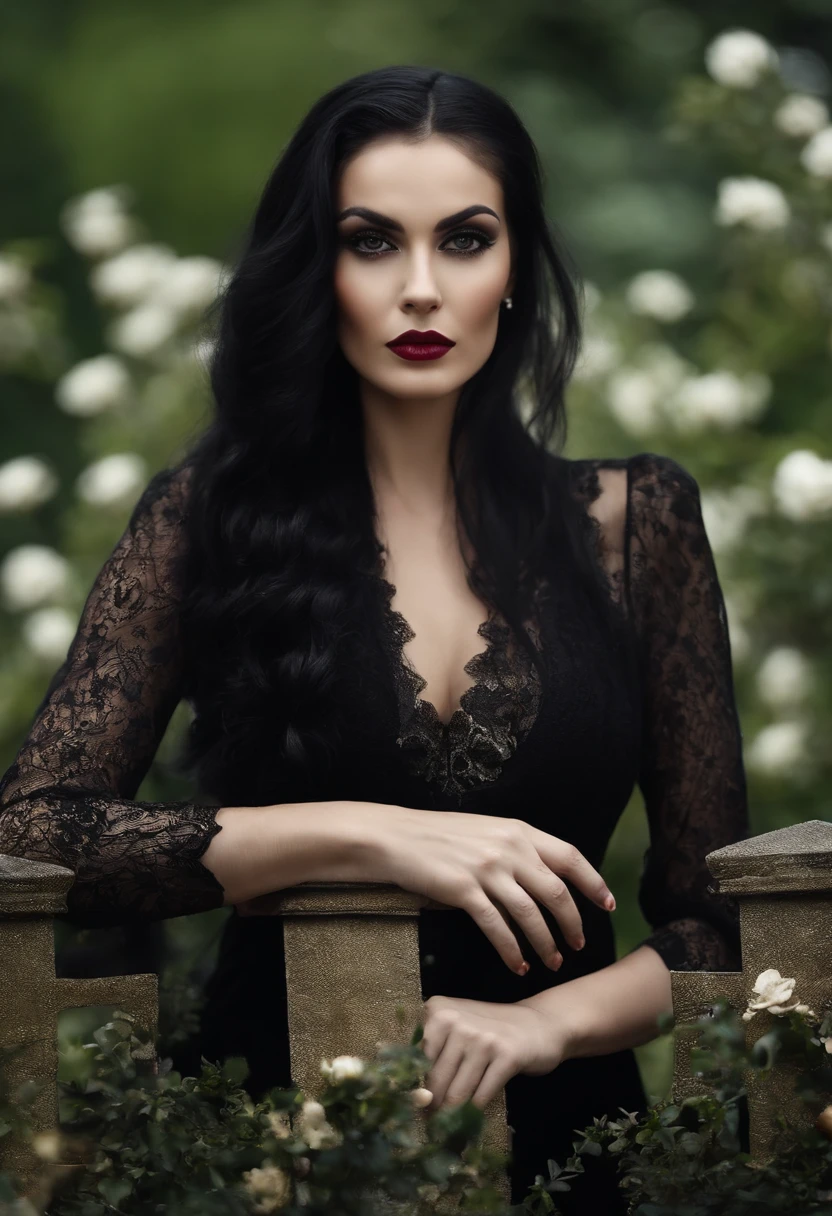 Rosa caveira, rosto mulher branca e metade caveira. cabelos pretos lisos e longo, olhar profundo e olhos negros, batom preto. vestido longo todo preto com capa preta. in the background cemetery. estilo mito. poder e magia. mistic. medieval.