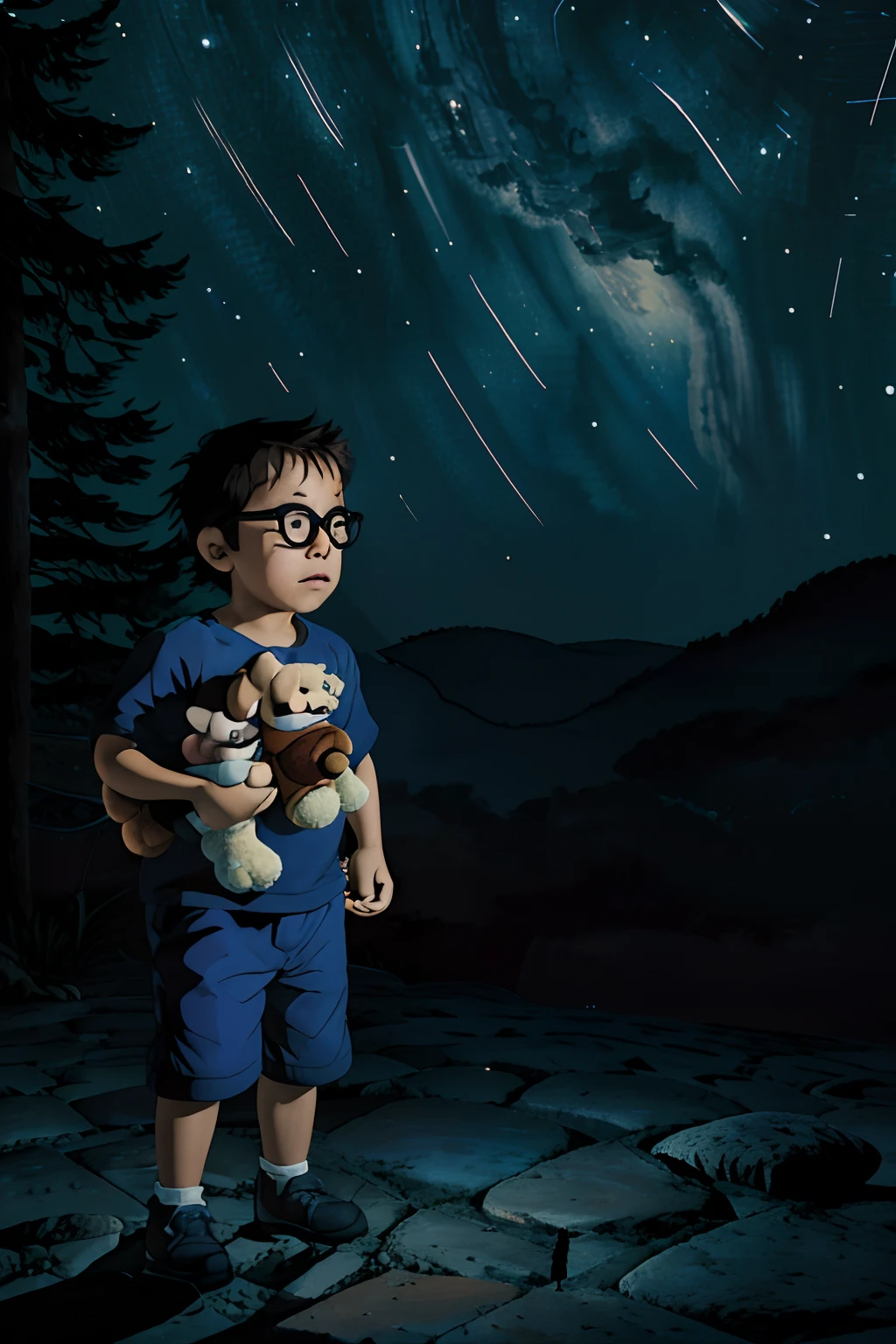 Create a captivating illustration inspired by Studio Ghibli, rico em detalhes e fantasia, with a 3-year-old boy wearing glasses. The scene unfolds in a dreamlike world where the ((****** dorme graciosamente em uma nuvem fofa suspensa em meio a uma vasta, Starry night sky)).O ****** dorme com um ar de tranquilidade, seu rosto jovem e pele meticulosamente detalhados, capturing every innocent nuance of his expression. ele ((Hold your beloved teddy bear)), embracing it close to your heart as a symbol of comfort and safety.The starry night sky is full of twinkling stars, creating a breathtaking celestial setting that adds a touch of magic to the scene. The moonlight bathes the boy and his cloud in a chiaroscuro style lighting, casting soft shadows and increasing the depth of the illustration.The rendering should be incredibly good, with 8K resolution, garantindo que cada detalhe, From the boy's features to the stars in the night sky, is impeccably rendered.This enchanting image beautifully captures the notion of dreams and imagination of a child taking flight among the stars, A moment of pure serenity and admiration.