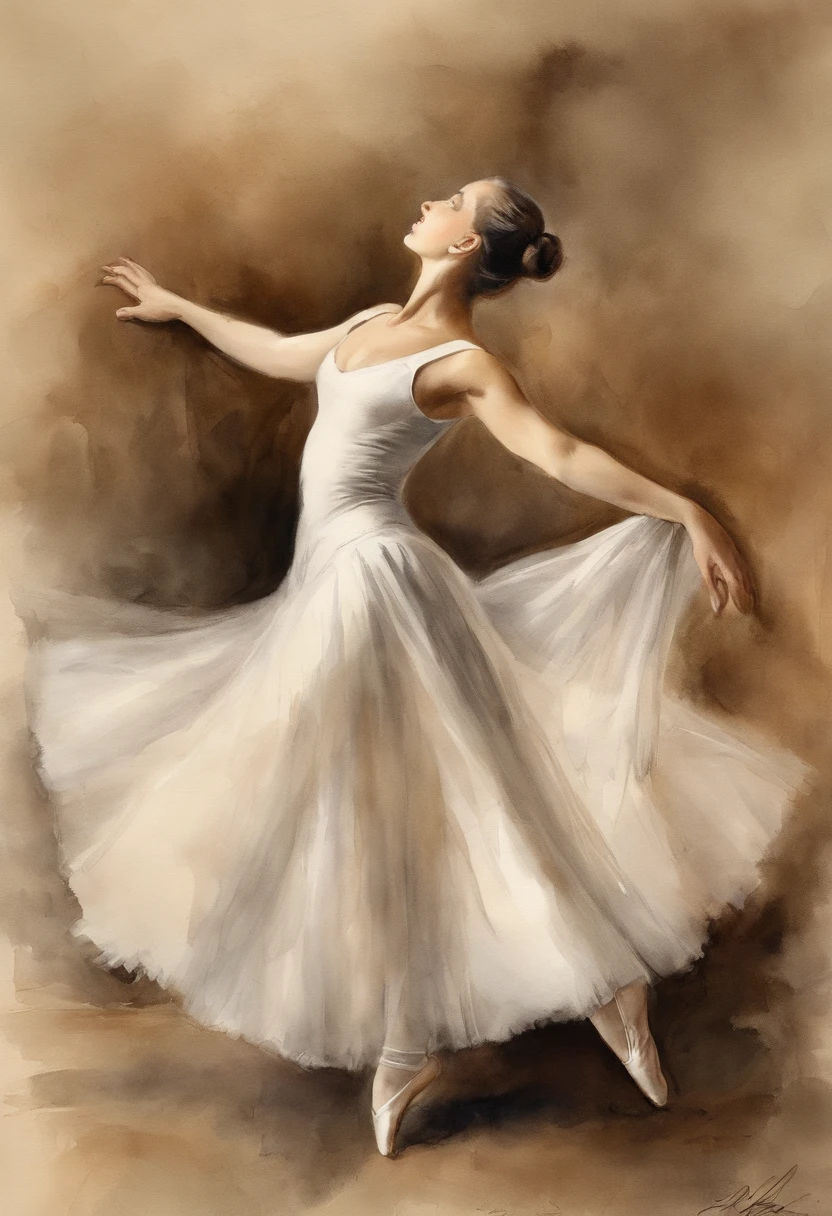 Young classical dancer, ((Alicia Vikander:Emma Watson:0.5)), con una pose de ballet, Fondo de pantalla HD, color sepia, fondo de pantalla de alta calidad, photo session, pose llamativa, Female 18 years old,, Retrato tirado 8 K