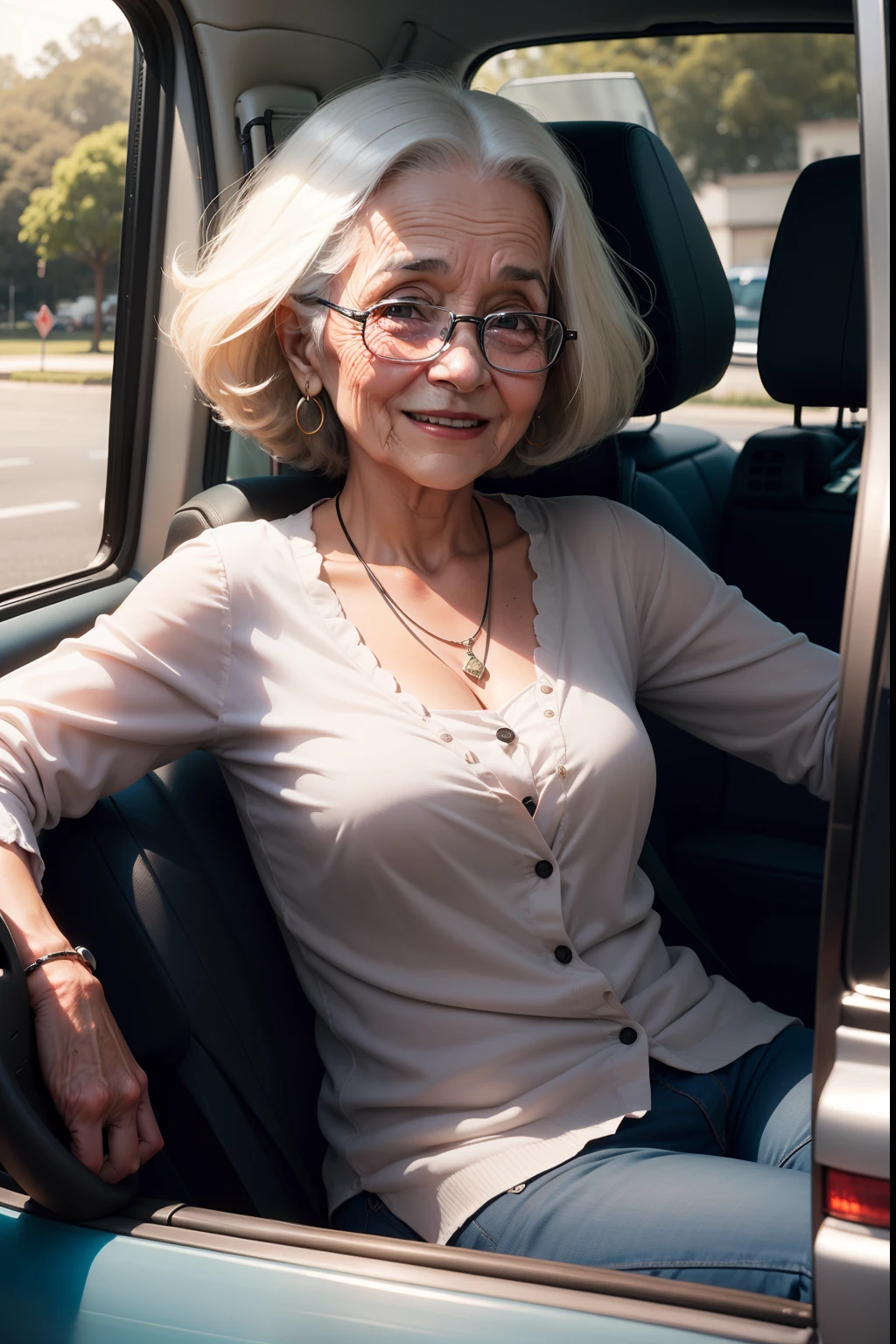 mulher idosa muito feliz por estar aprendendo a dirigir, I need an image that contains an elderly woman in a car, dirigindo.