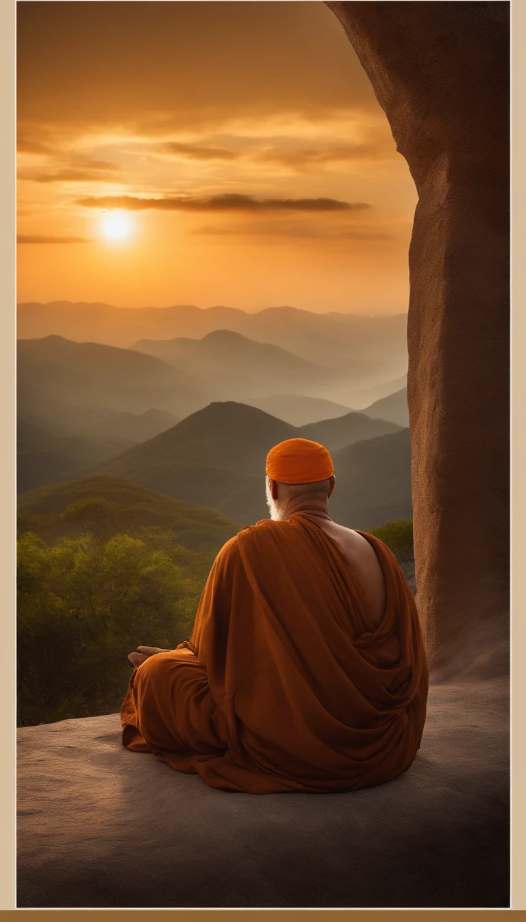Mature monk sitting in meditation position, contemplando um horizonte lindo com o sol se pondo, Man is in deep connection with the divine, The landscape is ultra detailed, homem ultra realista, tudo bem detalhado e lindo, ultra qualidade. Realismo 8K