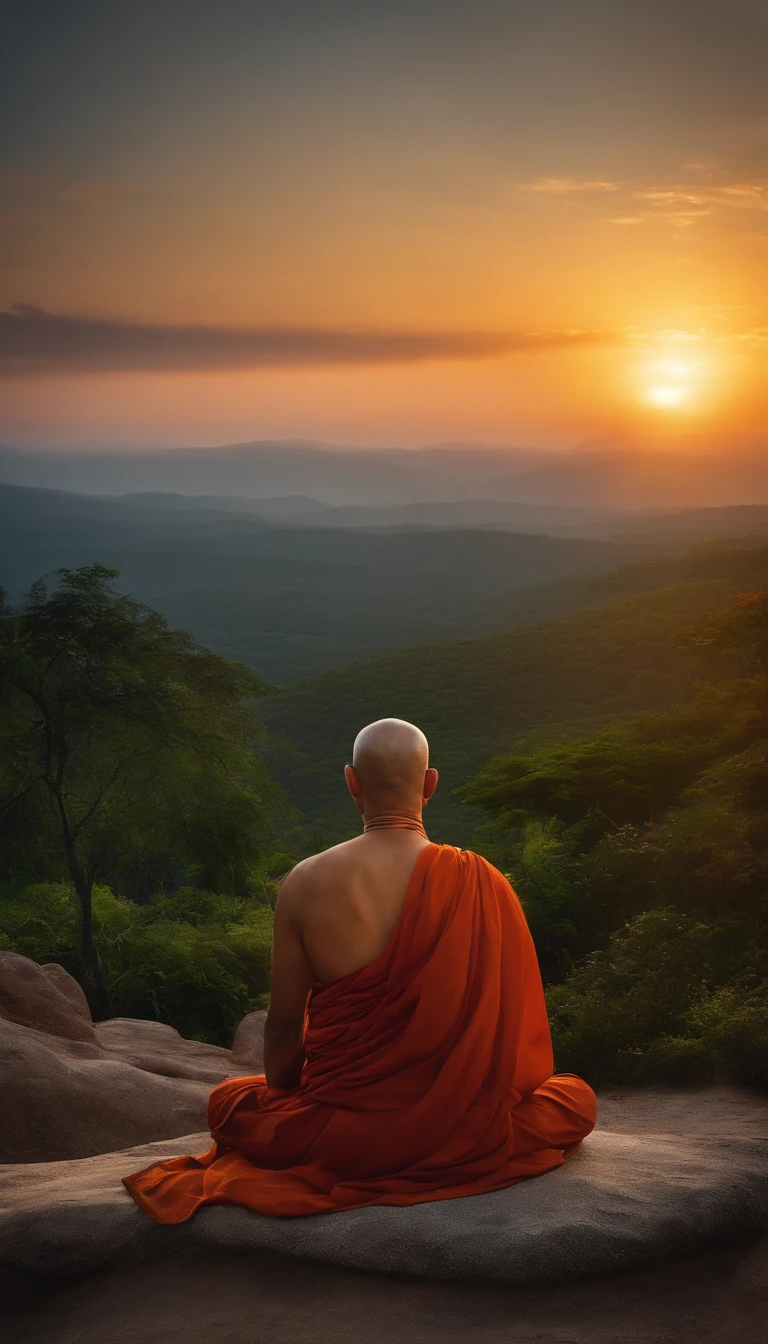 Mature monk sitting in meditation position, contemplando um horizonte lindo com o sol se pondo, Man is in deep connection with the divine, The landscape is ultra detailed, homem ultra realista, tudo bem detalhado e lindo, ultra qualidade. Realismo 8K