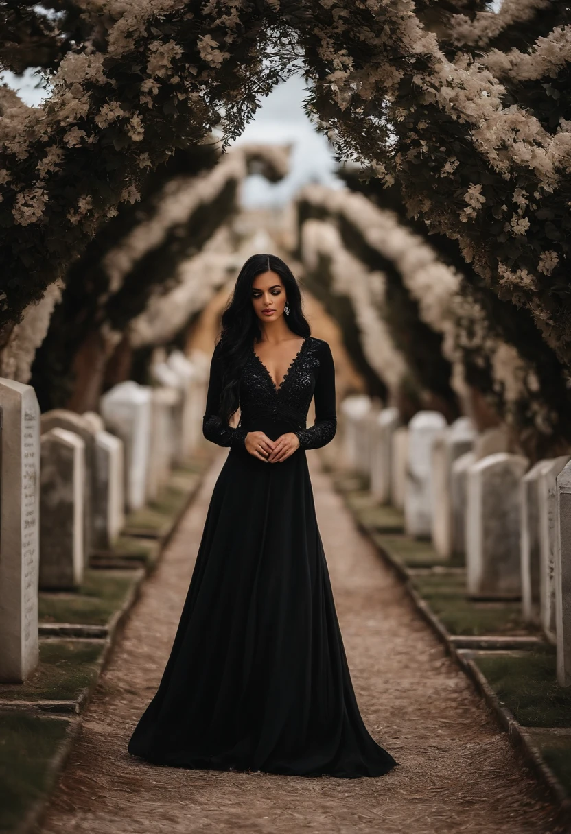 Rosto metade mulher metade caveira. Rosa caveira, rosto mulher branca e metade caveira. cabelos pretos lisos e longo, olhar profundo e olhos negros, batom preto. vestido longo todo preto com capa preta. in the background cemetery. estilo mito. poder e magia. mistic. medieval.