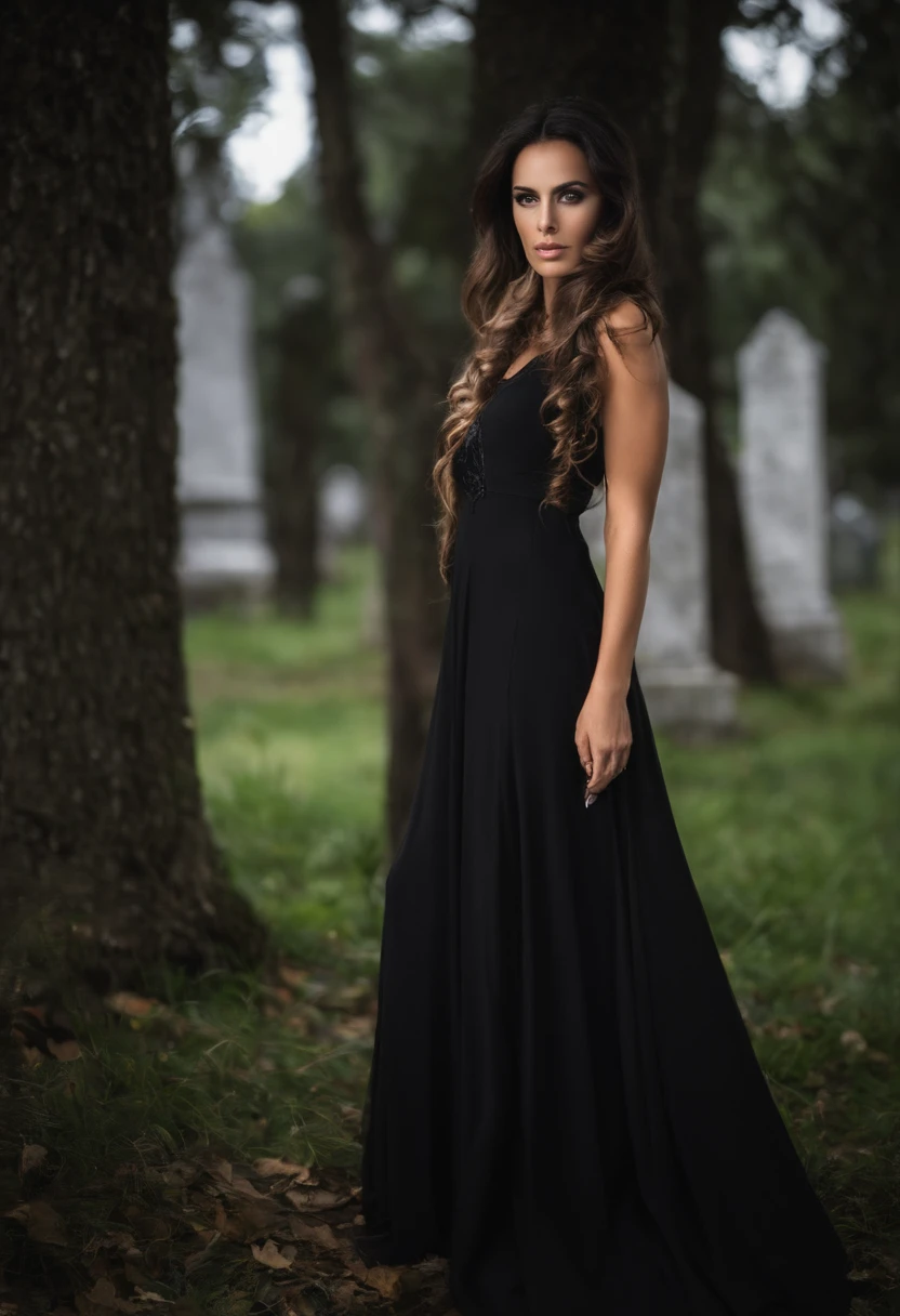 Rosto metade mulher metade caveira. Rosa caveira, rosto mulher branca e metade caveira. cabelos pretos lisos e longo, olhar profundo e olhos negros, batom preto. vestido longo todo preto com capa preta. in the background cemetery. estilo mito. poder e magia. mistic. medieval.