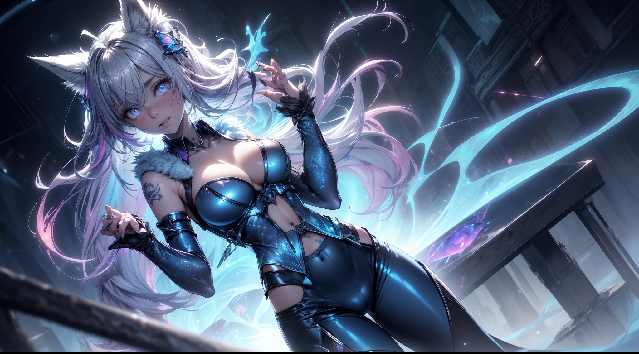 spiritual blue fire fluffy fox girl, (fluffy fox ears, fluffy fox tail), (spirit, spiritual:1.4), (blue fire:1.5), 1girl, perfect and well designed glowing shiny eyes, (beautiful detailed eyes:1.05), natural breasts, slim body, beautiful and delicate cute face, (face detail), ((realistic face)), pores, ((pale grey skin)), detailed skin, realistic skin, (((bioluminescence))), ((shiny skin)), ((glowing speckles on skin)), (fangs:1.5), (multicolored gradation skin), (monster girl:1.25), (fur body:1.4), human face, medium length hair, hair voluminous, (((((multicolored gradation hair))))), super high resolution, 8k, parameters Best quality, (masterpiece:1.4), (magic accessories:1.4), bracelets, extremely detailed thick tight ({nylon|lycra}:1.5) pastel bright ((dark blue, (blue:0.4), silver:1.3), (pink, purple:0.75)) ornate ((shirt with stand-up collar:1.5), (vest:1.25), (pants:1.5)), (tight clothes:1.4), (standing nipples under cloth:1.15), (cameltoe:1.3), (ornaments on clothing:1.5), (neckline:1.3), (cleavage:1.2), decolette, navel, Young Girl, Little Beast, (Smile:0.7), (pale Skin:1.4), ((tattoos all over body, Tribal tattoos all over legs)), ultra detailed, photorealistic, ((Real image)), (best quality:1.4), super high resolution, (Realistic 2.0), More details, (((1girl))), urbanism, futuristic, {fantasy|cyberpunk}, technologies, (beautiful and aesthetic:1.2), (fractal art:1.4), (cinematic light:1.1), (DUTCH ANGLE:1.3), 16K, HDR, RTX, Ray Tracing, Radiosity, Anisotropic Filtering, Subsurface Scattering, (((magic lights))), metallic reflections, Detailed, Realistic, 4k highly detailed digital art, (cool_color), extremely detailed CG unity 8k wallpaper, vibrant colors, (((seductive pose)))