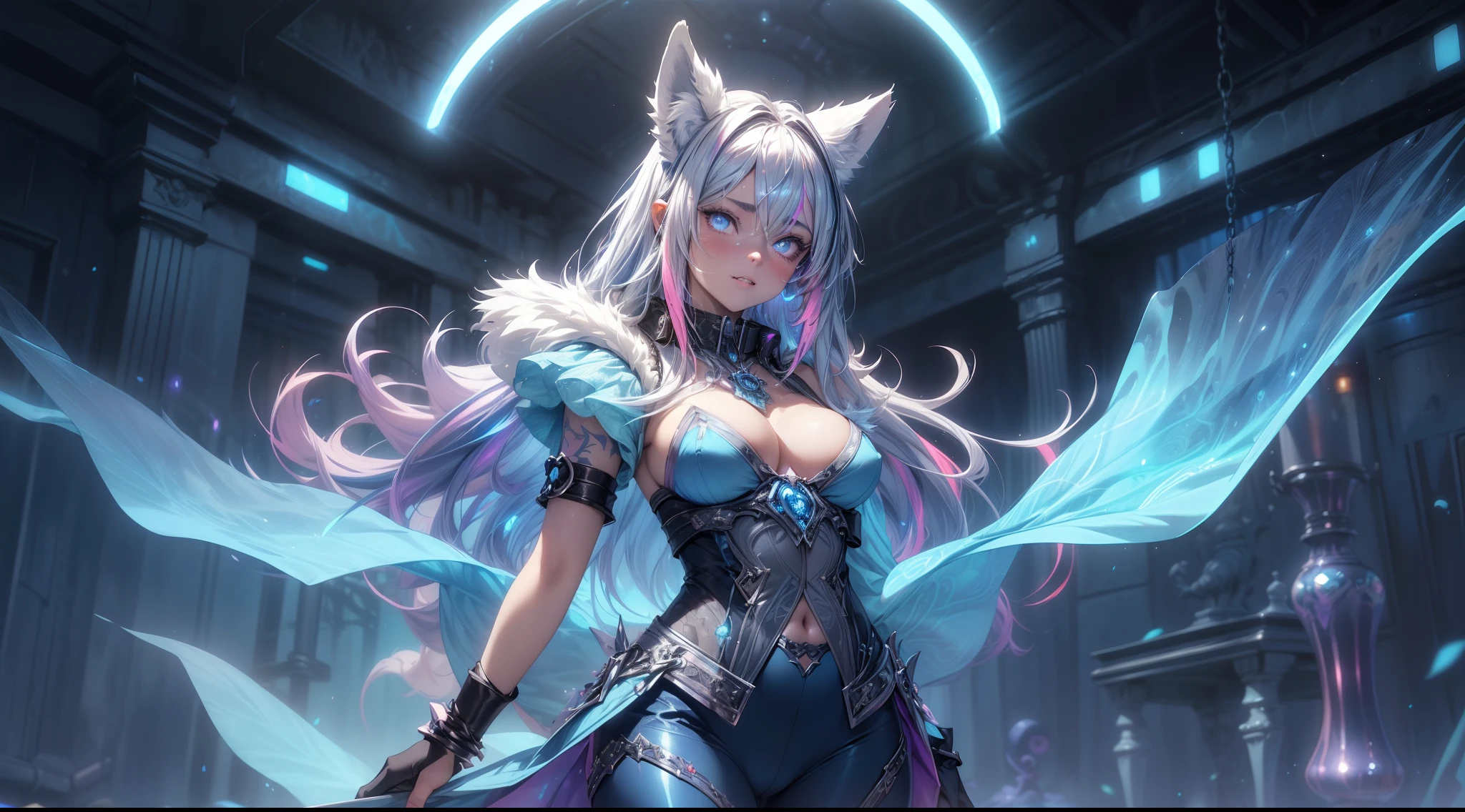 spiritual blue fire fluffy fox girl, (fluffy fox ears, fluffy fox tail), (spirit, spiritual:1.4), (blue fire:1.5), 1girl, perfect and well designed glowing shiny eyes, (beautiful detailed eyes:1.05), natural breasts, slim body, beautiful and delicate cute face, (face detail), ((realistic face)), pores, ((pale grey skin)), detailed skin, realistic skin, (((bioluminescence))), ((shiny skin)), ((glowing speckles on skin)), (fangs:1.5), (multicolored gradation skin), (monster girl:1.25), (fur body:1.4), human face, medium length hair, hair voluminous, (((((multicolored gradation hair))))), super high resolution, 8k, parameters Best quality, (masterpiece:1.4), (magic accessories:1.4), bracelets, extremely detailed thick tight ({nylon|lycra}:1.5) pastel bright ((dark blue, (blue:0.4), silver:1.3), (pink, purple:0.75)) ornate ((shirt with stand-up collar:1.5), (vest:1.25), (pants:1.5)), (tight clothes:1.4), (standing nipples under cloth:1.15), (cameltoe:1.3), (ornaments on clothing:1.5), (neckline:1.3), (cleavage:1.2), decolette, navel, Young Girl, Little Beast, (Smile:0.7), (pale Skin:1.4), ((tattoos all over body, Tribal tattoos all over legs)), ultra detailed, photorealistic, ((Real image)), (best quality:1.4), super high resolution, (Realistic 2.0), More details, (((1girl))), urbanism, futuristic, {fantasy|cyberpunk}, technologies, (beautiful and aesthetic:1.2), (fractal art:1.4), (cinematic light:1.1), (DUTCH ANGLE:1.3), 16K, HDR, RTX, Ray Tracing, Radiosity, Anisotropic Filtering, Subsurface Scattering, (((magic lights))), metallic reflections, Detailed, Realistic, 4k highly detailed digital art, (cool_color), extremely detailed CG unity 8k wallpaper, vibrant colors, (((seductive pose)))