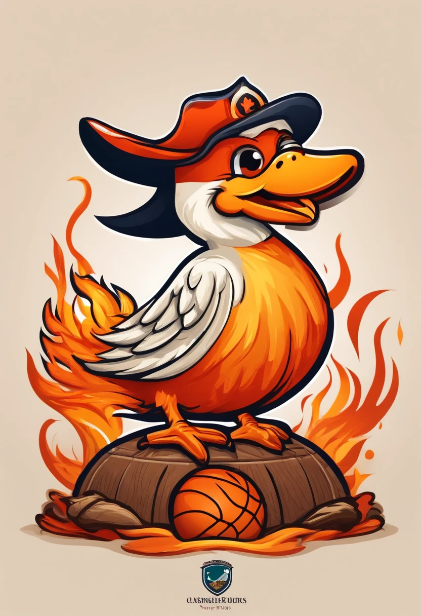 Logotipo en forma de patito caricaturesco escupiendo fuego y jugando beisbol