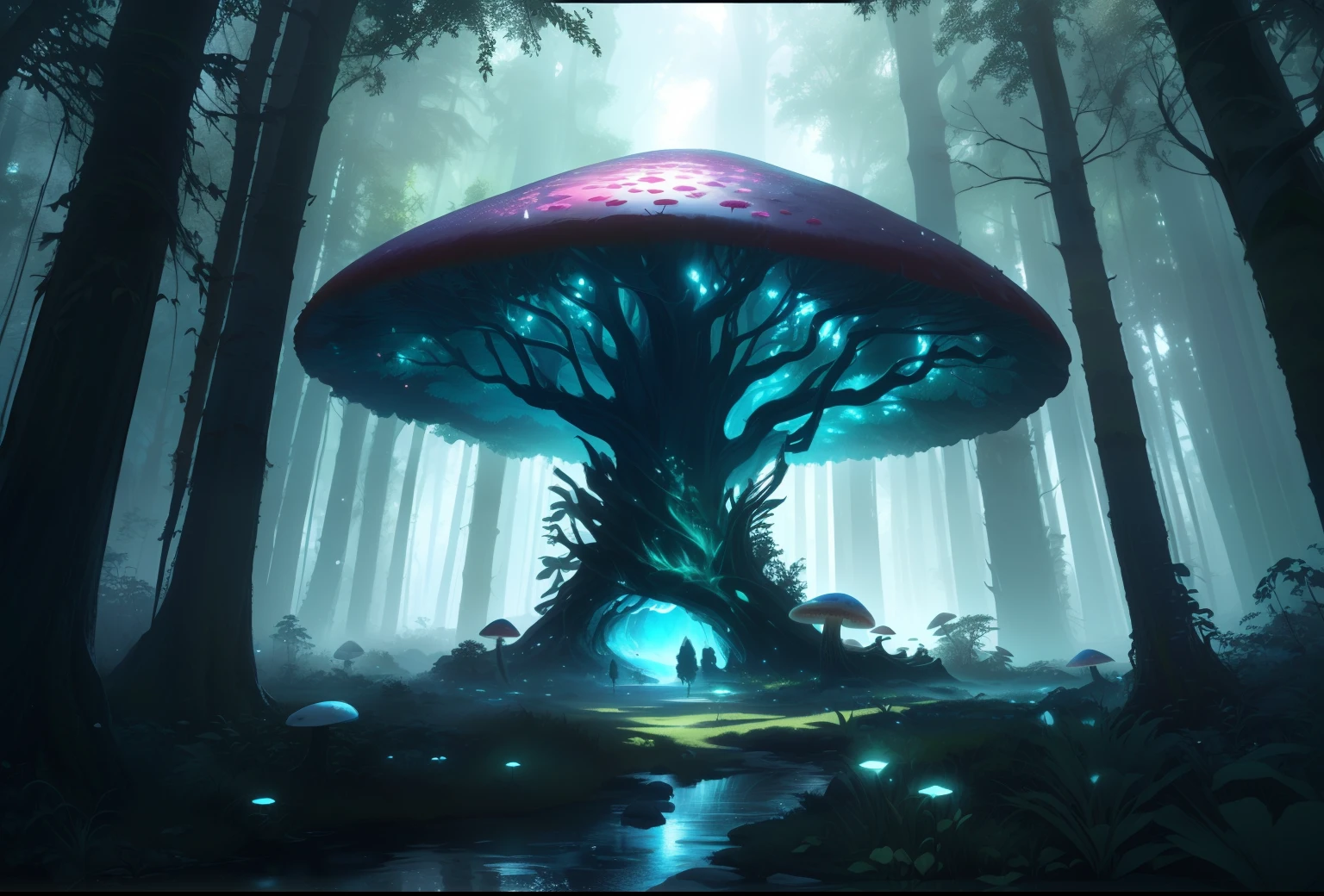 There is a large mushroom in the middle of a forest, Unreal Engine Arte de fantasia, ambiente florestal de fantasia, mystical forest lagoon, Papel de parede de arte conceitual 4K, Arte conceitual de uma floresta escura, strange alien forest, 8K resolution concept art, 8K resolution concept art, Arte de fantasia 4k, fantasy atmospheric lighting, Arte de fantasia 8k, arte conceitual 8 k