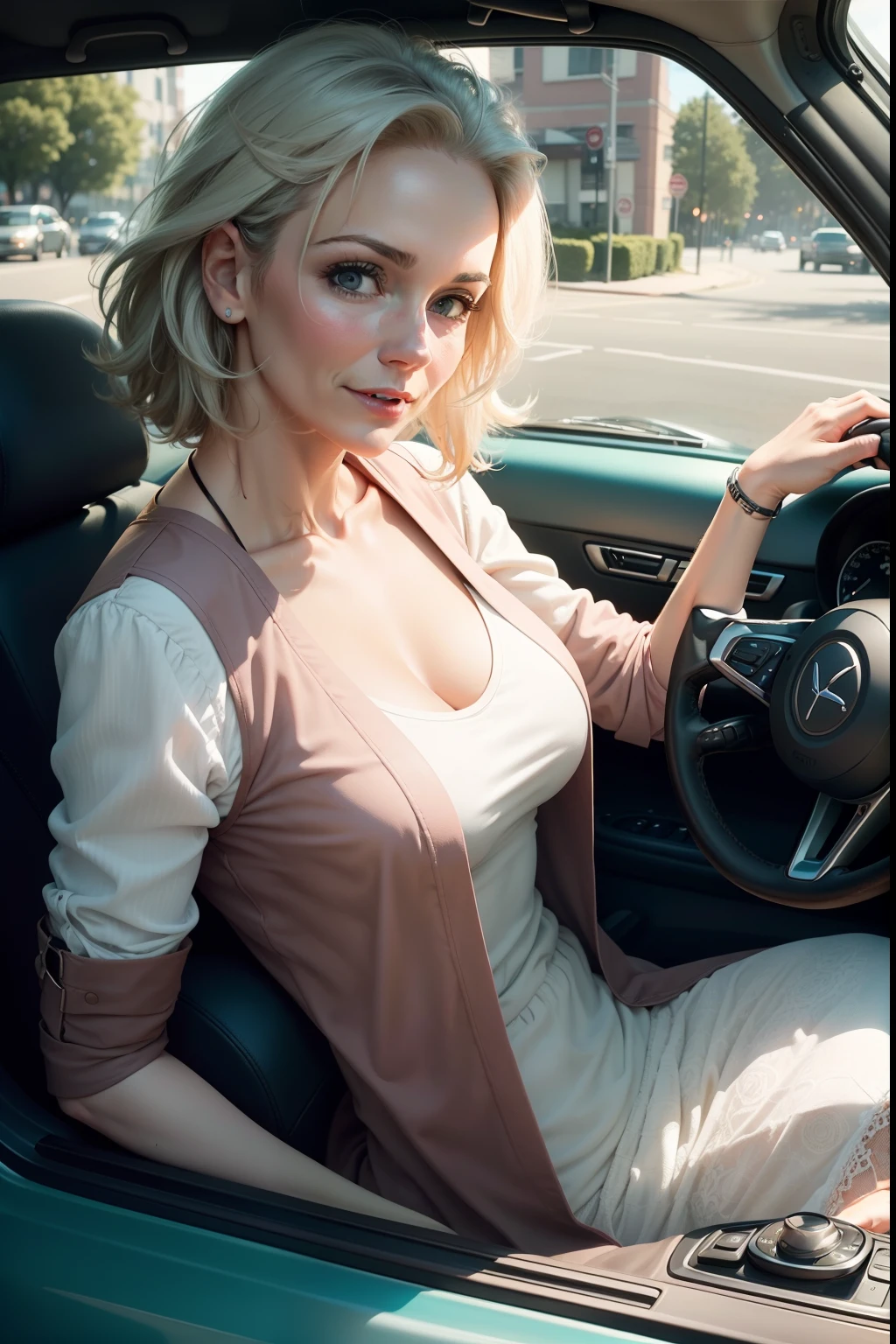 Melissa Rauch, mad max, braids, sunglasses, cleavage, ultra realistisch, Ultra-detailliert, Detaillierter Hintergrund