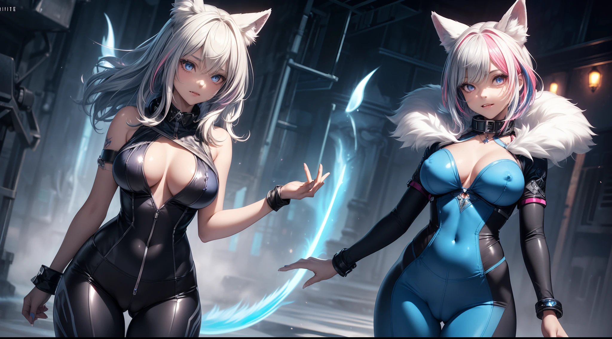 spiritual blue fire fluffy fox girl, (fluffy fox ears, fluffy fox tail), (spirit, spiritual:1.4), (blue fire:1.5), 1girl, perfect and well designed glowing shiny eyes, (beautiful detailed eyes:1.05), natural breasts, slim body, beautiful and delicate cute face, (face detail), ((realistic face)), pores, ((pale grey skin)), detailed skin, realistic skin, (((bioluminescence))), ((shiny skin)), ((glowing speckles on skin)), (fangs:1.5), (multicolored gradation skin), (monster girl:1.25), (fur body:1.4), human face, medium length hair, hair voluminous, (((((multicolored gradation hair))))), super high resolution, 8k, parameters Best quality, (masterpiece:1.4), (magic accessories:1.4), bracelets, extremely detailed thick tight ({nylon|lycra}:1.5) pastel bright ((dark blue, (blue:0.4), silver:1.3), (pink, purple:0.75)) ornate ((shirt with stand-up collar:1.5), (vest:1.25), (pants:1.5)), (tight clothes:1.4), (standing nipples under cloth:1.25), (cameltoe:1.6), (ornaments on clothing:1.5), (neckline:1.3), (cleavage:1.2), decolette, navel, Young Girl, Little Beast, (Smile:0.7), (pale Skin:1.4), ((tattoos all over body, Tribal tattoos all over legs)), ultra detailed, photorealistic, ((Real image)), (best quality:1.4), super high resolution, (Realistic 2.0), More details, (((1girl))), urbanism, futuristic, {fantasy|cyberpunk}, technologies, (beautiful and aesthetic:1.2), (fractal art:1.4), (cinematic light:1.1), (DUTCH ANGLE:1.3), 16K, HDR, RTX, Ray Tracing, Radiosity, Anisotropic Filtering, Subsurface Scattering, (((magic lights))), metallic reflections, Detailed, Realistic, 4k highly detailed digital art, (cool_color), extremely detailed CG unity 8k wallpaper, vibrant colors, (((seductive pose)))