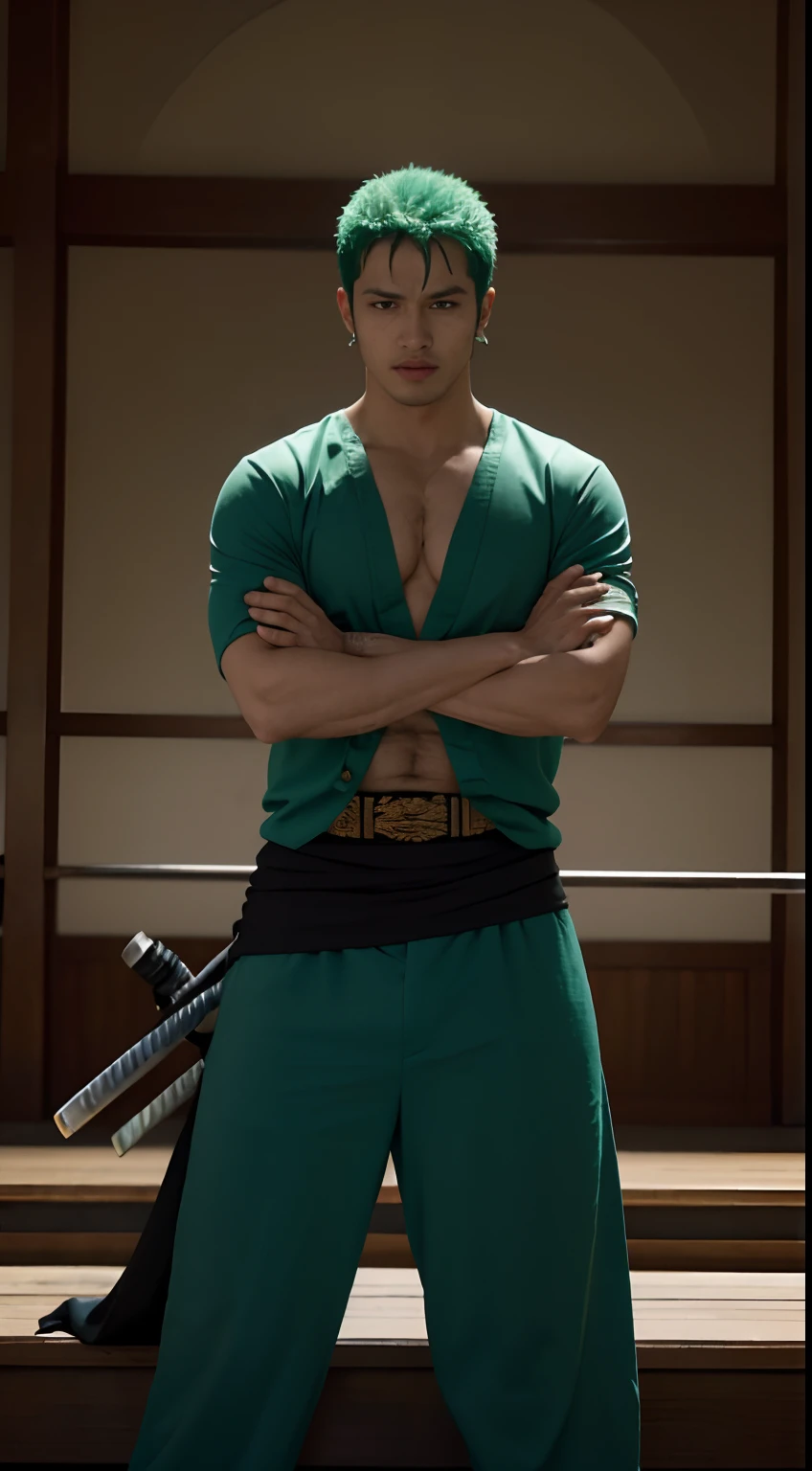 (obra-prima, melhor qualidade: 1.2), tiro de cowboy, solo, foco masculino, 1boy, roronoa zoro, cicatriz, homem musculoso, sorriso, olhando para o espectador, (empunhadura dupla: 1.2) katanas, folded arms, roupas japonesas, quimono verde (((master part+best quality+high resolution+ultra-detalhado))), Zoro\(one piece\), nariz alto, olhos afiados, olhos perfeitos, noble and inviolable temperament, (([masculino]: 1.2 + [majo]: 1.2 + cabelo verde: 1.2)), fundo de navio pirata, (one piece), Roronoa Zoro, cabelo verde cortado, Tiroteio de Cowboy, cicatriz no olho, musculoso masculino, (empunhadura dupla:1.2), Katanas, folded arms, roupas japonesas, quimono verde, Dynamic angle and posture.
Nome: Roronoa Zoro Idade: 21 anos Altura: 1,Peso 81m: 78kg Origem: azul leste, Physical description: Zoro is a skilled swordsman with a distinctive appearance. He has messy green hair and three scars on his left eye, resultado de seu treinamento rigoroso. His athleticism and defined muscles reflect his strength and physical prowess. He is usually seen wearing an open shirt and green pants, in addition to carrying his three swords on his back. Personalidade: Zoro is known for his serious and determined nature. He is highly loyal to his friends and is willing to risk his life to protect them. Sua busca incessante para se tornar o espadachim mais forte do mundo muitas vezes o leva a treinos intensos e a desafiar poderosos oponentes. Despite its intimidating appearance, Zoro has a dry sense of humor and often engages in funny moments with his teammates.