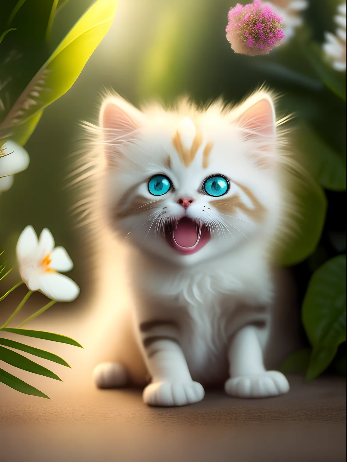 Very cute furry white tropical punk kitten, big eyes, flowers, bushes, full body, open mouth, laugh, professional light, depth of field 8k, golden magic moment, professional photography, octane rendering, super realistic - amazing sunlight, dynamic composition, photography, sharp focus, background bokeh, open mouth, laugh !!!