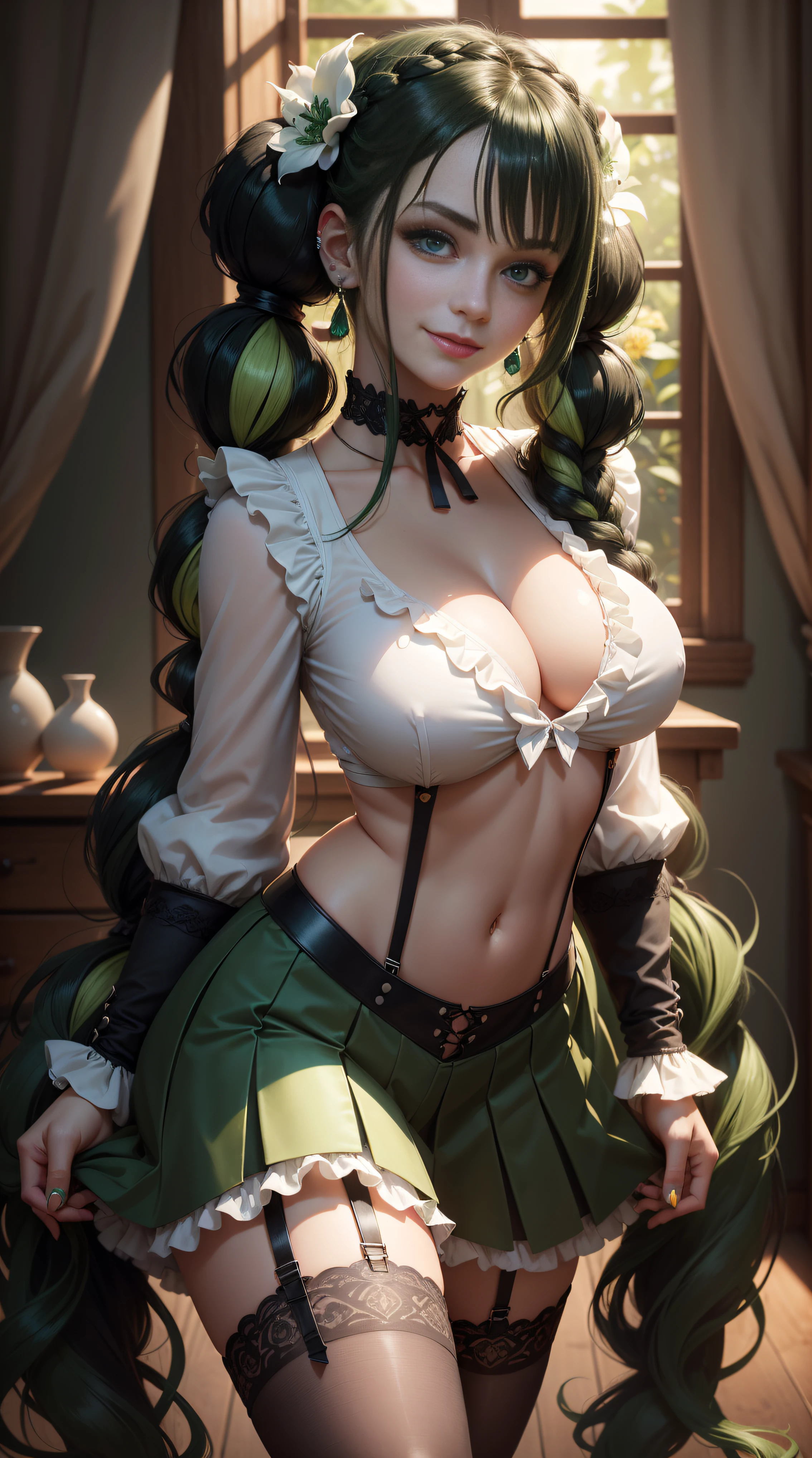 BLACKLIGHT, ((NSFW)), realistic art, extremely delicate and beautiful, ultra-detailed, (1girl), blue eyes, floating, detailed light, illustration, dynamic angle, depth of field, ((((milf)))), girly, long hair, ((green and black hair, multicoloured hair, green highlights hair, twin tails, hair ornament, hair flower, flower, makeup, braid, smile)), vampire eyes, showing fangs, pale white skin, (((long sleeves, white shirt, frills, green skirt, button, black thighhighs, suspender, , ,  long hair, navel, choker, smile, jewelry, earrings))), (ultra high res, best quality,), (8k, raw photo, best quality, masterpiece), technological sense, best quality, masterpiece, illustration,CG ,unity ,wallpaper, official art, Amazing, finely detail, an extremely delicate and beautiful,extremely detailed, highly detailed, sharp focus,rich background, (real person,photograph), ((high detailed skin)),