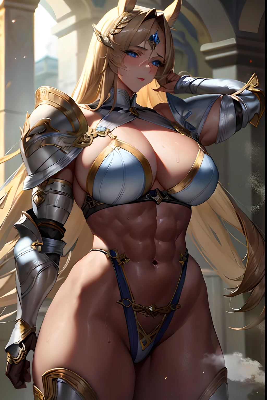 (masterpiece:1.2), (best quality:1.2), perfect eyes, perfect face, perfect lighting, 1girl, mature female ,paladin, blonde,muscular,abs,sweat,steam,horse ears, fantasy, detailed background