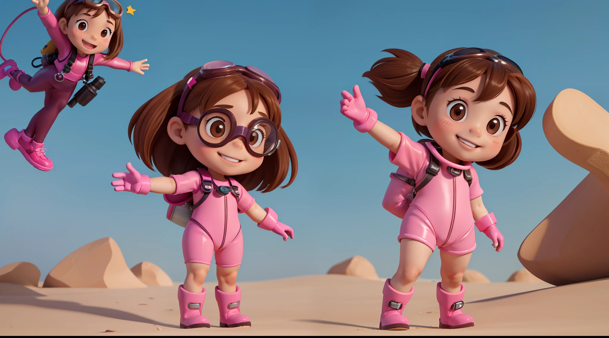 "Frontal image of a 5-year-old girl, standing, happy, with brown hair, brown eyes, rosy cheeks, arms spread out, legs apart, clean background, diving goggles, pink diving suit, diving gloves, diving shoes, in a children's book illustration style, 2D."