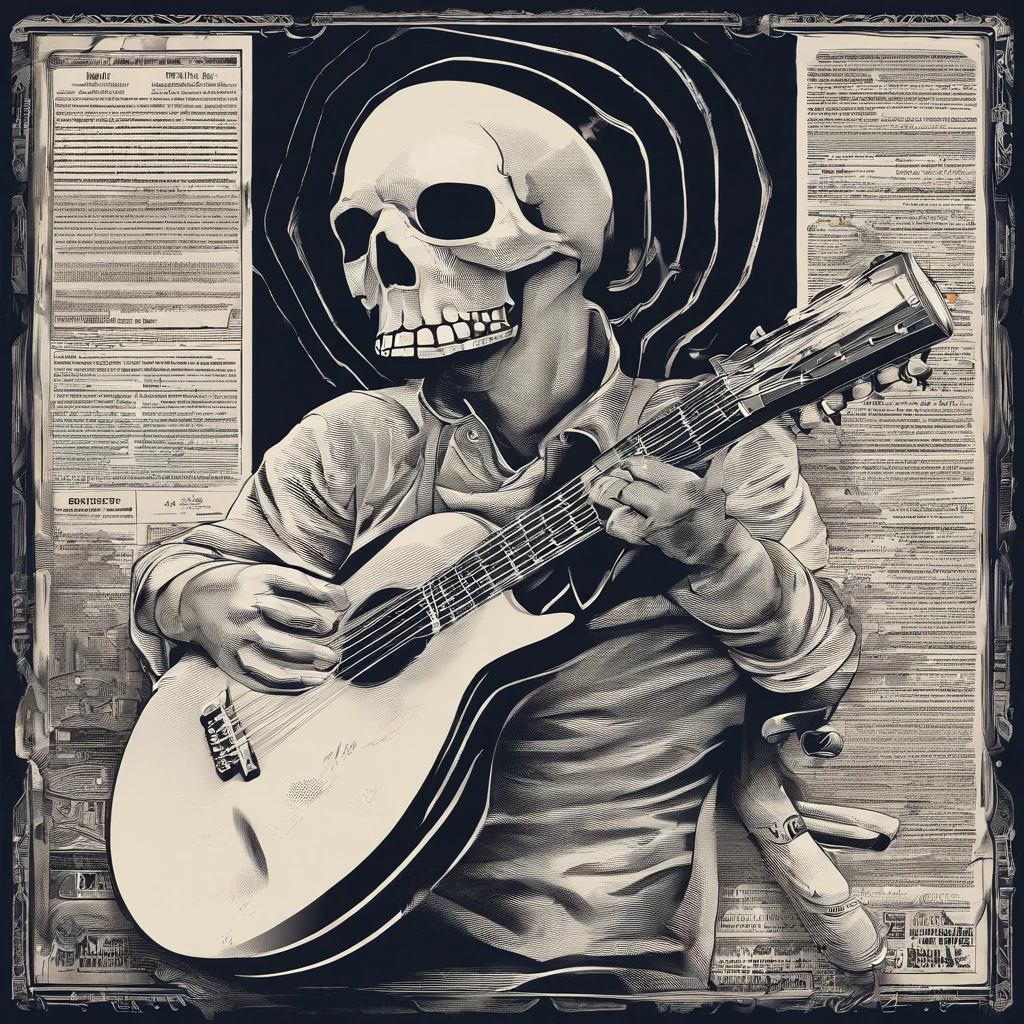 esqueleto tocando guitarra em uma capa de jornal