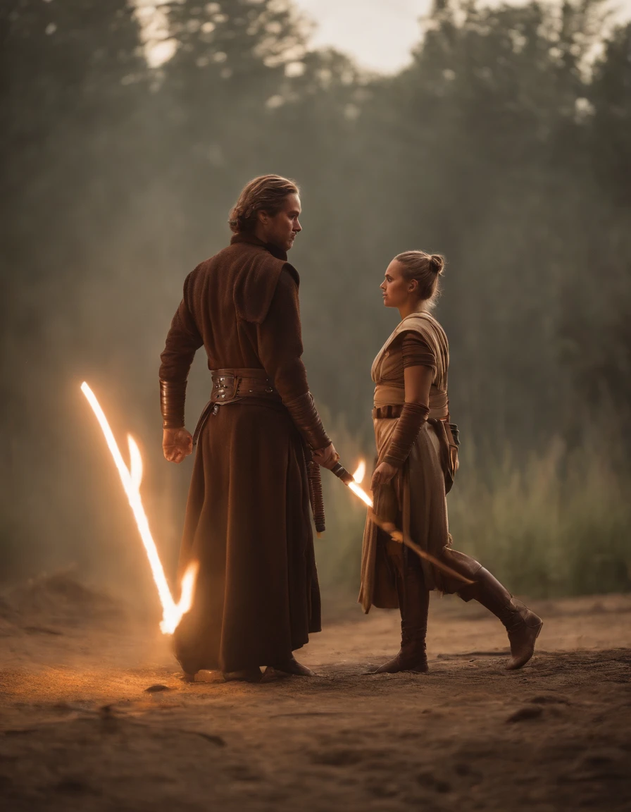 A detailed jedi in attack pose, with a female padawan, (hourglass body), (anakin Skywalker), ahsoka tano, training, teacher, master, fighting with Sticks, intricate, masterpiece, best quality