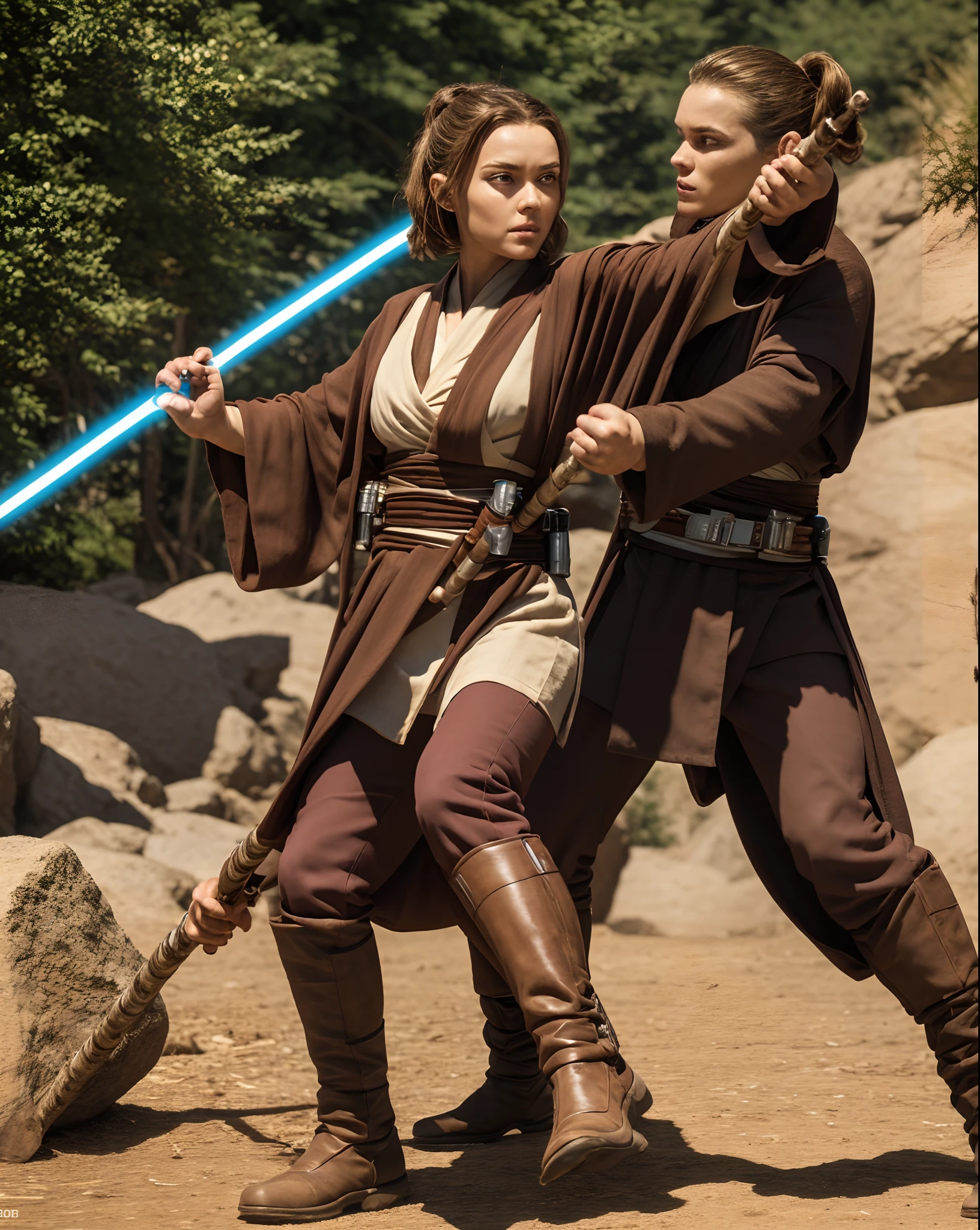 A detailed jedi in attack pose, with a female padawan, (hourglass body), (anakin Skywalker), ahsoka tano, training, teacher, master, fighting with Sticks, intricate, masterpiece, best quality