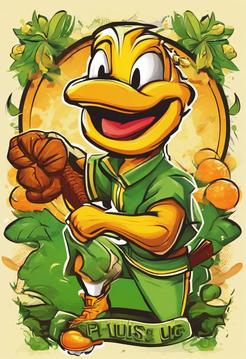 Logotipo en forma de patito caricaturesco escupiendo fuego y jugando beisbol, verde limon predominante.