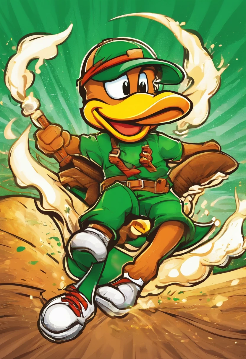 Logotipo en forma de patito caricaturesco escupiendo fuego y jugando beisbol, verde limon predominante.