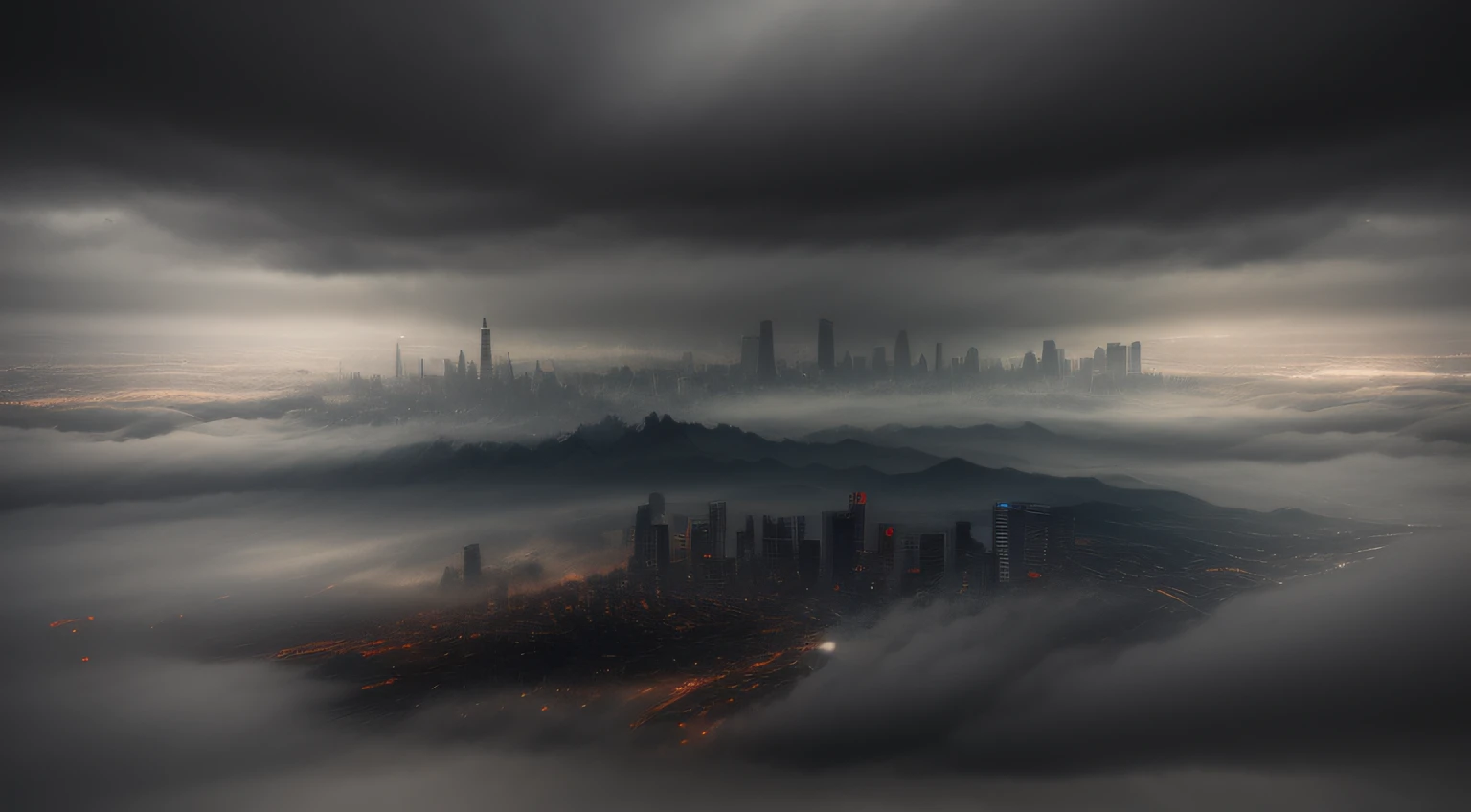 foggy cityscape in the distance: immersed in a giant stream of wind, living in a thundercloud, behind the cloud, (double exposure: 1.3), surreal dream, gray atmosphere, rainy day, dynamic, lut, hdr
