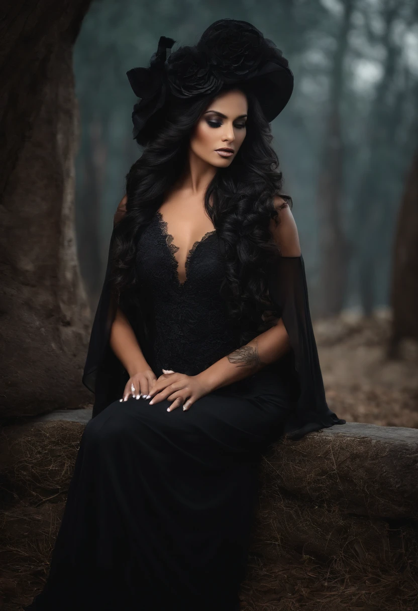 Uma mulher jovem, com a pele morena, altura mediana, cabelos pretos, hair with braids and fringes, Gothic dress, vestido preto, vestido estilo boiadeiro, wearing black cowboy hat on head, vestido com manga longa preto, bota preta, bota comprida, tem cinto preto, boca com batom roxo e sombra preta, gothic scenario, em formato desenho realista 8k.