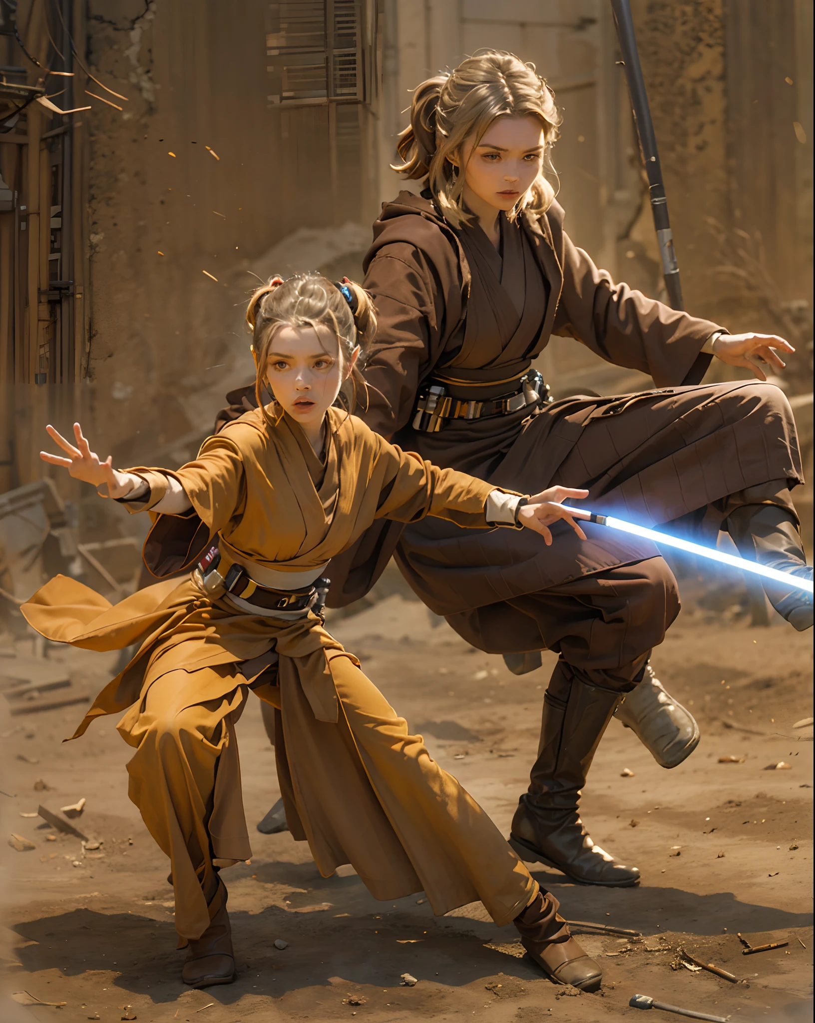 A detailed jedi in attack pose, with a female padawan, (hourglass body), (anakin Skywalker), ahsoka tano, training, teacher, master, fighting with Sticks, intricate, masterpiece, best quality