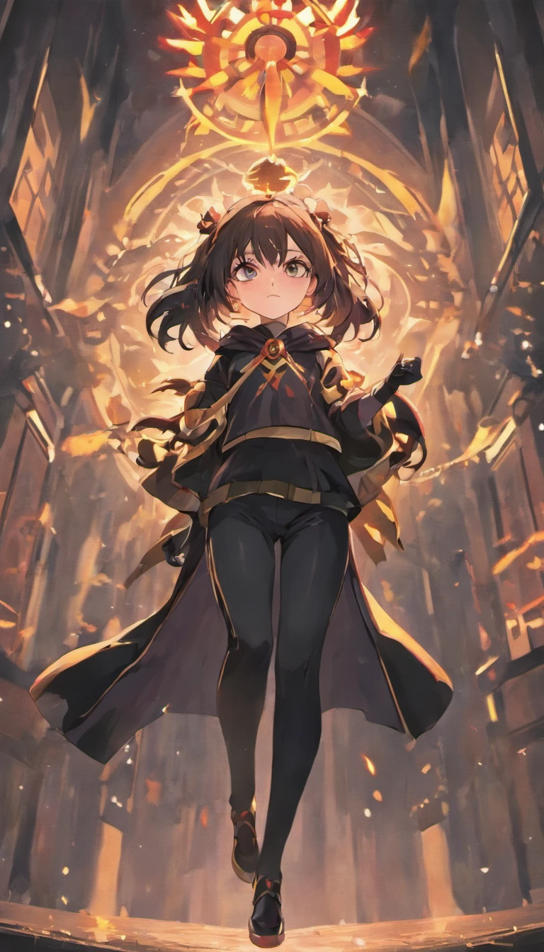 Masterpiece High res, cute (1 shota) dark skin , with red eyes, long dark brown hair, wearing a black full body magical black armoured powersuit, black gaunlets, future cardfight buddyfight, demon lord, Magic circles with runes, floating
