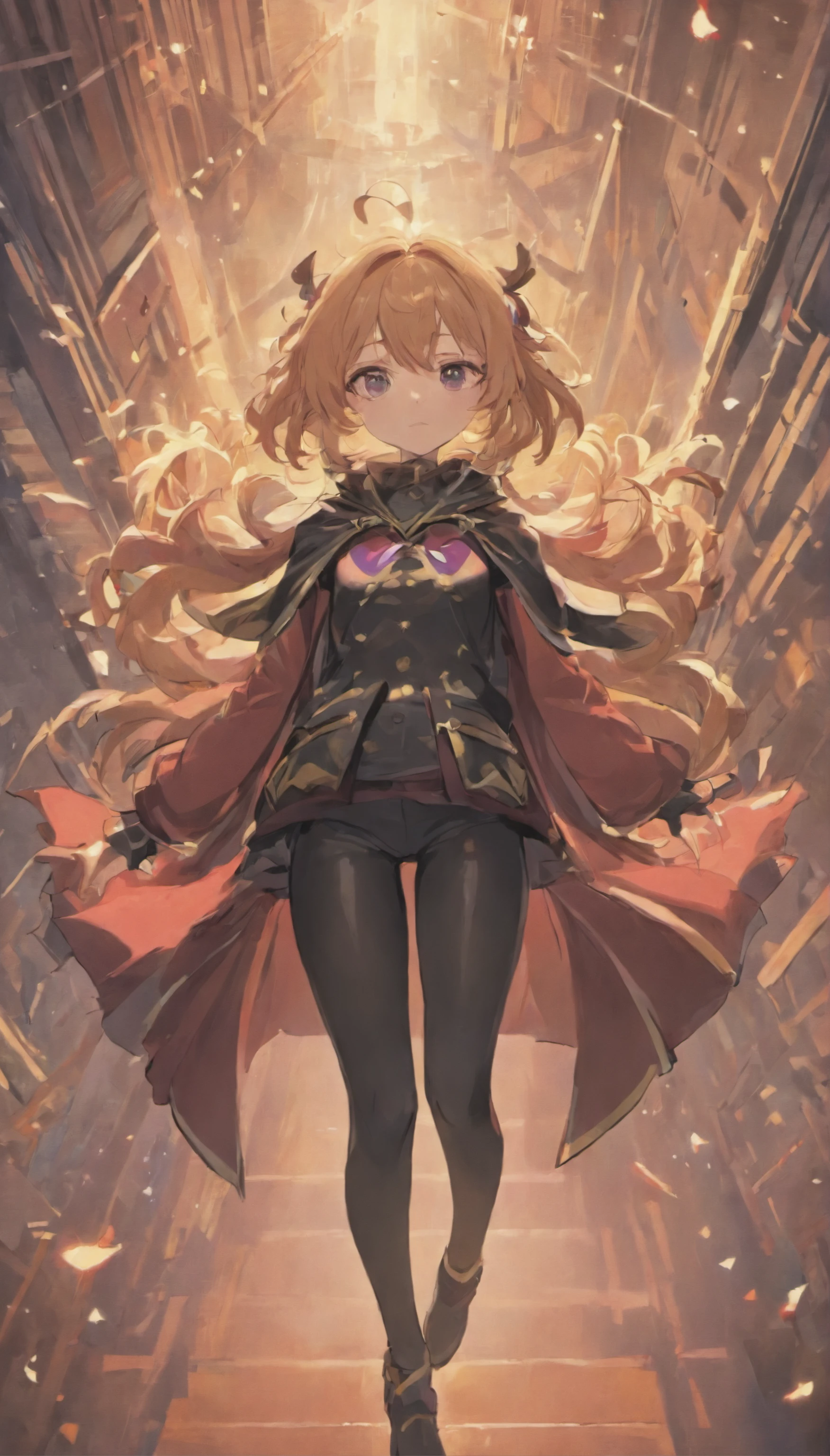 (Masterpiece, Best Quality:1.2), From Bottom, 独奏, 1girl, Aloud, expressionless, closed mouth, looking a viewer, hands on thighs, black jacket, cape, Black pants, black gloves