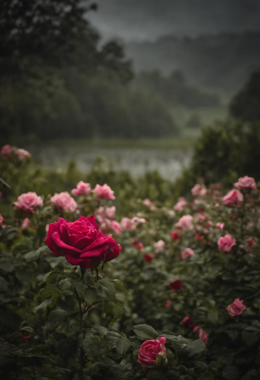 campo de rosas na cor preta molhadas pela chuva