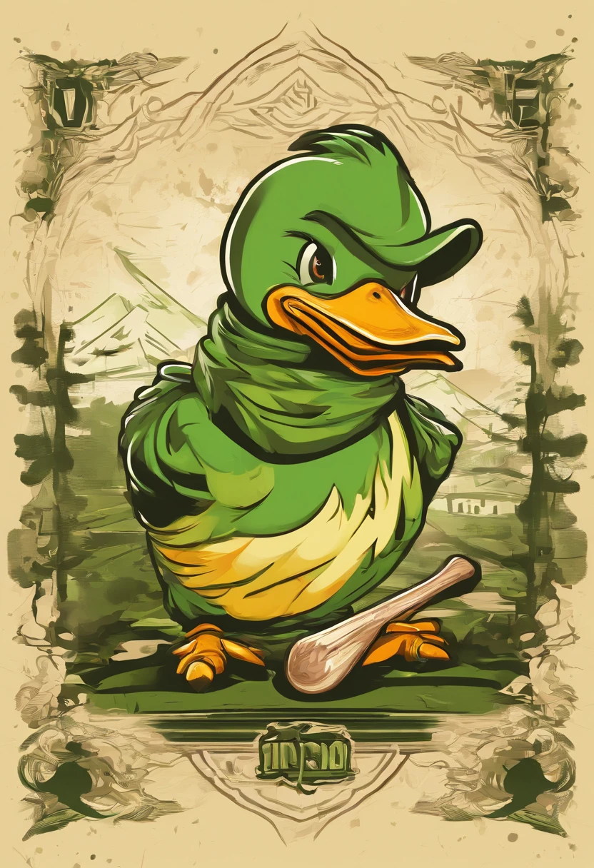Logotipo en forma de patito caricaturesco escupiendo fuego y jugando beisbol, predominant lemon green.