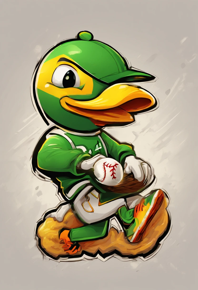 Logotipo en forma de patito caricaturesco escupiendo fuego y jugando beisbol, predominant lemon green.