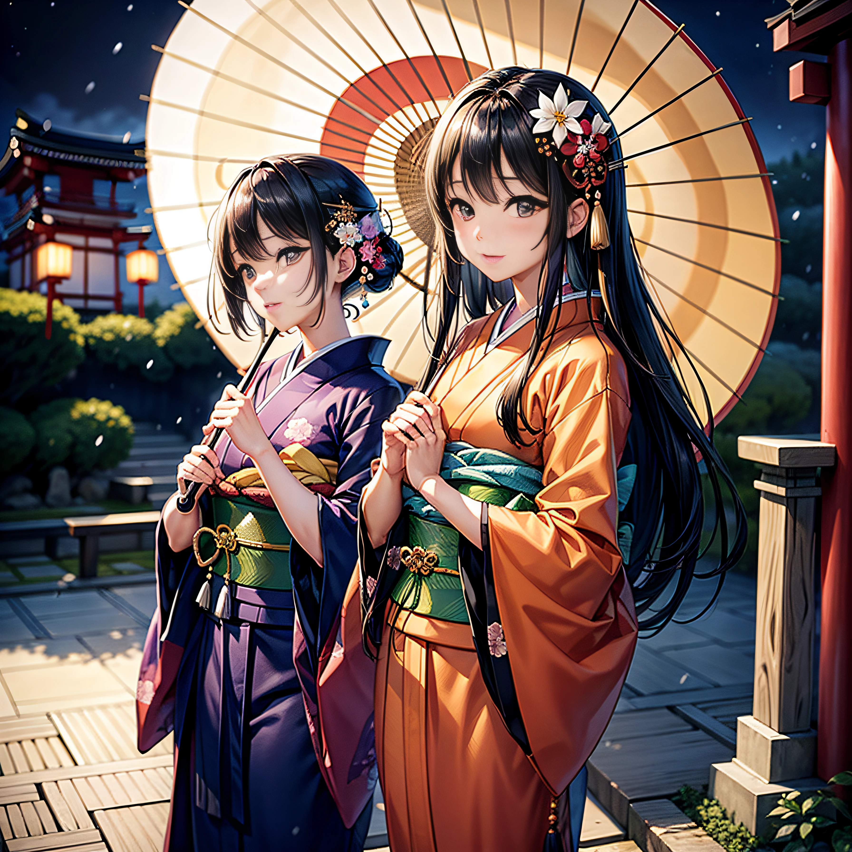 (A 7-year-old girl: 1.2), (a very small girl), changes, (alone), (small breasts), (wide angle), (white lilies), original photos, aesthetics, complexity, victory, control enhancement, contrast between light and dark, best quality, detailed background, (Ooth atmosphere: 1.2) (cloudy sky) (((a girl wearing a cotton kimono: 1.2), large cotton kimono, cotton kimono, long kimono sleeves, best wrinkles, true wrinkles, best shadows, (passing through a misty dark Zen garden), (real location), exquisite and beautiful eyes, casual gestures Detailed texture, posture, (dissecting the correct body, detailed face (with very detailed texture and floral patterns), (black hair), thick hair, hair accessories, Komono, kimono, heart, outdoor activities, pagoda, petals, blue kimono, belt, shrine, sky pornography, stone staircase, Torii, wide sleeves, yukata, (cloudy, Ooth)