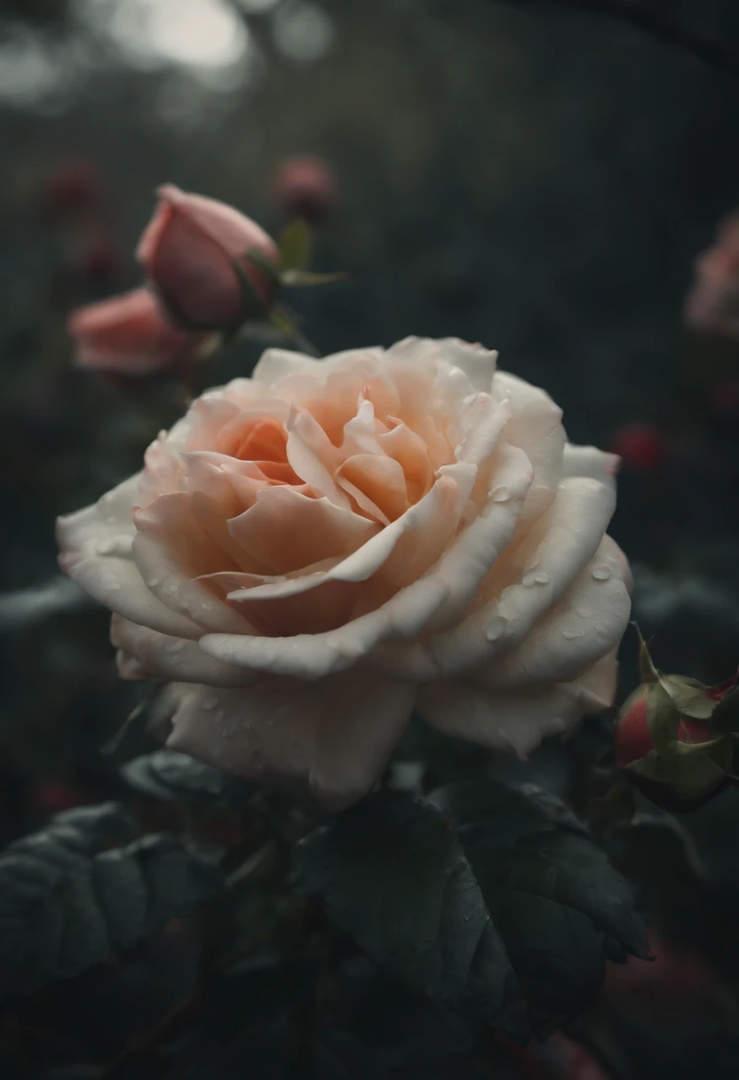 (best quality,4k,8k,highres,masterpiece:1.2),ultra-detailed,(realistic,photorealistic,photo-realistic:1.37),roses garden,black color, rain-washed,illustration,petals gently dripping water,fragrant blooming flowers,dark romantic atmosphere,moody lighting,vivid red and green colors,soft focus,delicate details,water droplets on leaves,fresh and wet appearance,dreamlike surrealistic environment,ethereal ambiance,beautiful detailed flowers,collapsed dark clouds,abundance of roses,peaceful and serene setting,heightened contrast,mesmerizing and mysterious beauty,unique and enchanting scene,captivating visual experience,hauntingly captivating art,atmospheric composition,breathtakingly realistic artwork,meticulously crafted masterpiece,immersive and evocative illustration,fantasy-like elements blended seamlessly,ethereal and magical garden ambiance