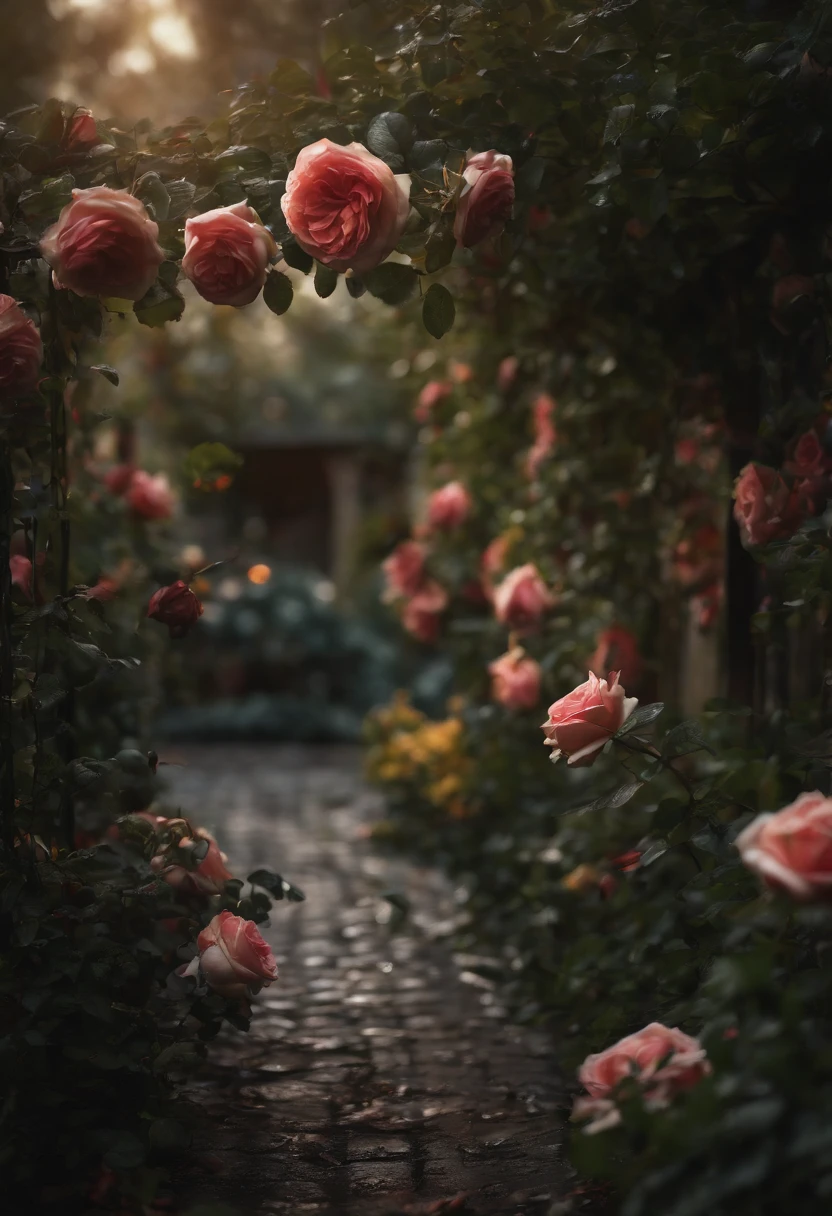(best quality,4k,8k,highres,masterpiece:1.2),ultra-detailed,(realistic,photorealistic,photo-realistic:1.37),roses garden,black color, rain-washed,illustration,petals gently dripping water,fragrant blooming flowers,dark romantic atmosphere,moody lighting,vivid red and green colors,soft focus,delicate details,water droplets on leaves,fresh and wet appearance,dreamlike surrealistic environment,ethereal ambiance,beautiful detailed flowers,collapsed dark clouds,abundance of roses,peaceful and serene setting,heightened contrast,mesmerizing and mysterious beauty,unique and enchanting scene,captivating visual experience,hauntingly captivating art,atmospheric composition,breathtakingly realistic artwork,meticulously crafted masterpiece,immersive and evocative illustration,fantasy-like elements blended seamlessly,ethereal and magical garden ambiance