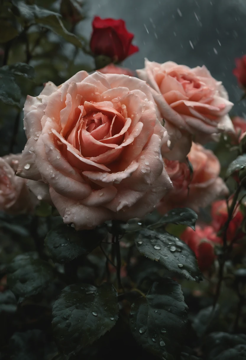 (best quality,4k,8k,highres,masterpiece:1.2),ultra-detailed,(realistic,photorealistic,photo-realistic:1.37),roses garden,black color, rain-washed,illustration,petals gently dripping water,fragrant blooming flowers,dark romantic atmosphere,moody lighting,vivid red and green colors,soft focus,delicate details,water droplets on leaves,fresh and wet appearance,dreamlike surrealistic environment,ethereal ambiance,beautiful detailed flowers,collapsed dark clouds,abundance of roses,peaceful and serene setting,heightened contrast,mesmerizing and mysterious beauty,unique and enchanting scene,captivating visual experience,hauntingly captivating art,atmospheric composition,breathtakingly realistic artwork,meticulously crafted masterpiece,immersive and evocative illustration,fantasy-like elements blended seamlessly,ethereal and magical garden ambiance