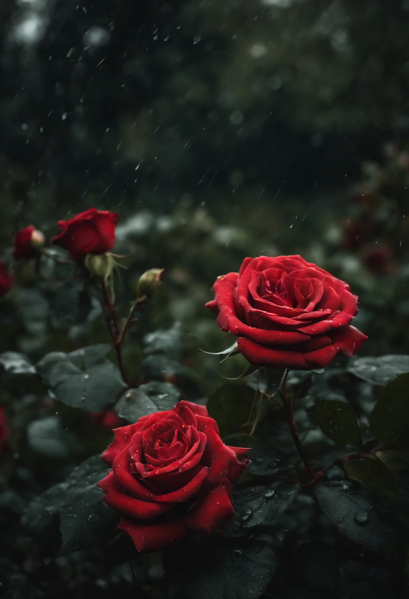 (best quality,4k,8k,highres,masterpiece:1.2),ultra-detailed,(realistic,photorealistic,photo-realistic:1.37),roses garden,black color, rain-washed,illustration,petals gently dripping water,fragrant blooming flowers,dark romantic atmosphere,moody lighting,vivid red and green colors,soft focus,delicate details,water droplets on leaves,fresh and wet appearance,dreamlike surrealistic environment,ethereal ambiance,beautiful detailed flowers,collapsed dark clouds,abundance of roses,peaceful and serene setting,heightened contrast,mesmerizing and mysterious beauty,unique and enchanting scene,captivating visual experience,hauntingly captivating art,atmospheric composition,breathtakingly realistic artwork,meticulously crafted masterpiece,immersive and evocative illustration,fantasy-like elements blended seamlessly,ethereal and magical garden ambiance