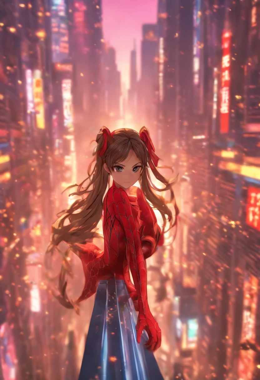 (masterpiece, best quality), intricate details, 8k, artstation, wallpaper, official art, splash art, sharp focus,, 1girl, long hair, twin tails, red eyes, brown hair, ,  spider suit, spider web printing, spider web,  , skyscrapers, city, buildings, cars, street,
