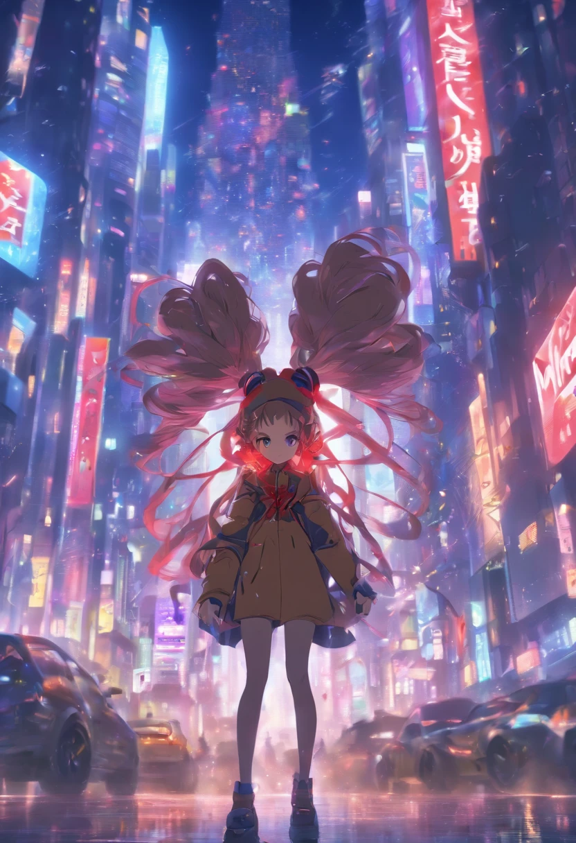 (masterpiece, best quality), intricate details, 8k, artstation, wallpaper, official art, splash art, sharp focus,, 1girl, long hair, twin tails, red eyes, brown hair, , spider suit, spider web printing, spider web, , skyscrapers, city, buildings, cars, street,