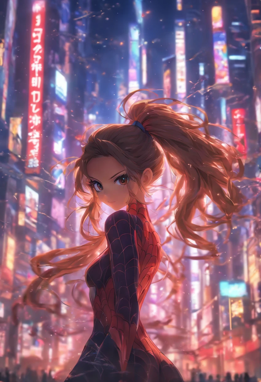 (masterpiece, best quality), intricate details, 8k, artstation, wallpaper, official art, splash art, sharp focus,, 1girl, long hair, twin tails, red eyes, brown hair, ,  spider suit, spider web printing, spider web,  , skyscrapers, city, buildings, cars, street,