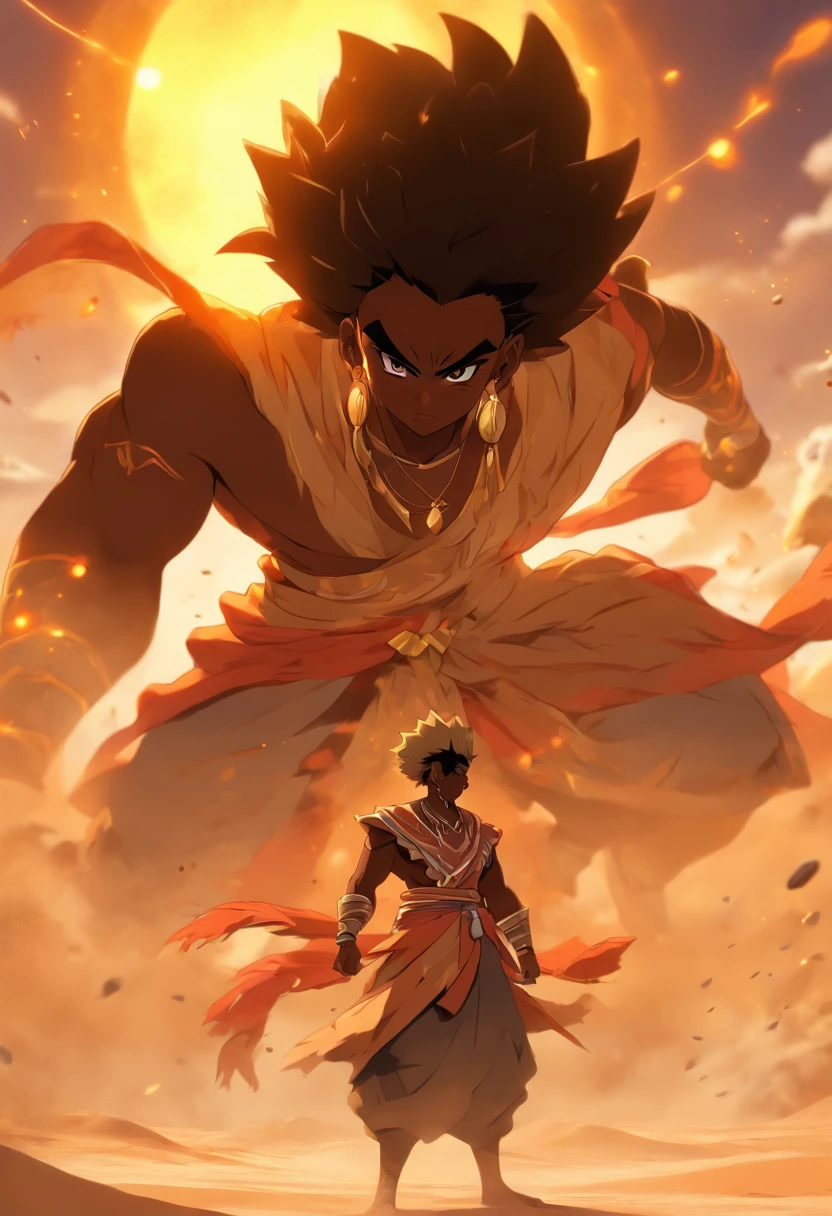 (best quality, highres, ultra-detailed), 1Black-skinned Boy, Nudread, Controlling Sand, Azir, sand-based powers, sand manipulation, mesmerizing control of sand, intricate sand formations, detailed facial features, intense gaze, muscular physique, golden tattoos, elaborate headdress, exotic desert environment, sunset backdrop, warm color palette, dramatic lighting, mystical atmosphere, fantasy aesthetics, powerful aura, ancient civilization, mysterious ruins.