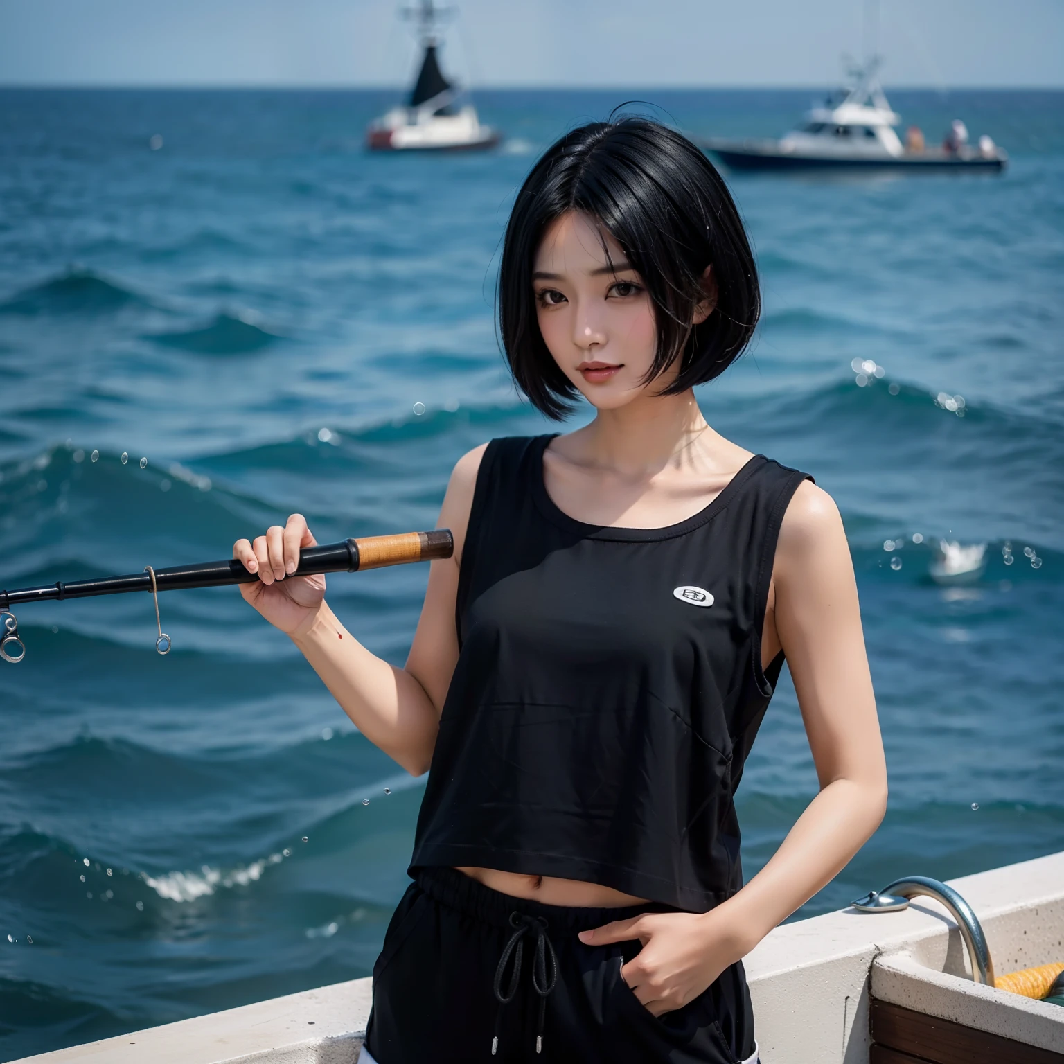 masutepiece,top-quality,Black Hair Belly Short Bob,femele,Fishing in the sea,Fishing attire,Fishing clothes,