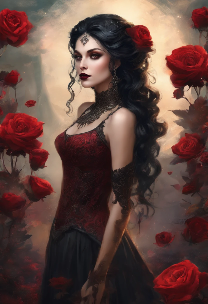 action film,8k, melhor qualidade, Poses elegantes,Senhora das Sombras, Beautiful woman, grandes olhos negros, olhar triste, scarlet lips, pale skin, long black hair fluttering in the wind, vestido escuro com renda barroca, Elegant black gloves on the hands, joias elegantes em roupas e cabelos, Standing in the field of red roses, noite, night sky, lua brilhante enorme, luar frio, attention to detail, alta qualidade, master part , Ultra Dealhados, pele realista