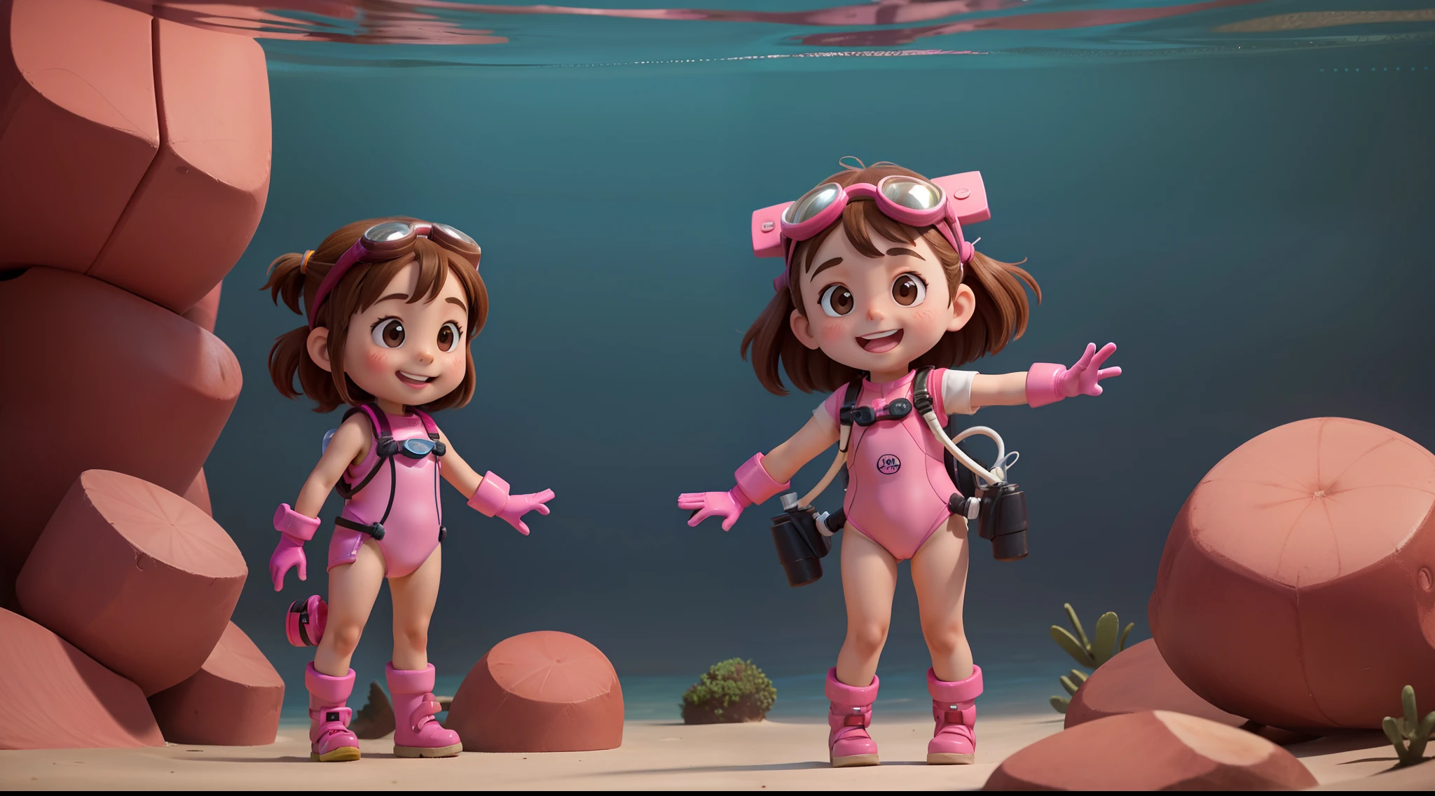 "Frontal image of a 5--old l, standing, happy, with brown hair, brown eyes, rosy cheeks, arms spread out, legs apart, clean background, diving goggles, pink diving suit, diving gloves, diving shoes.