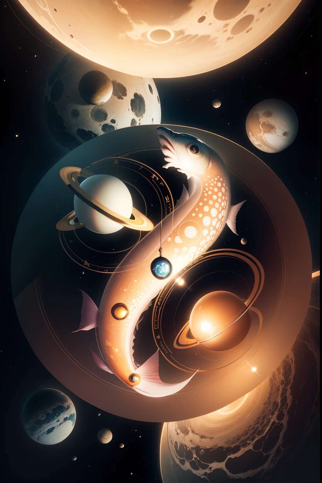 Saturn with astrology symbol surrounded by two beautiful fish