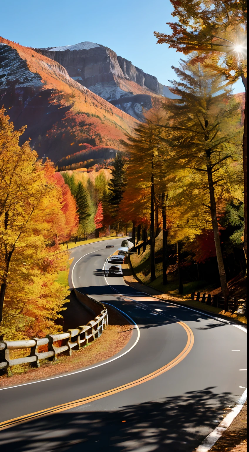 The iPhone app shows an autumn road through colorful trees, In the form of curves, National Geographic photo, Thought-provoking, Natural core, Nature symbolism, Vibrant stage backdrop, flowing forms