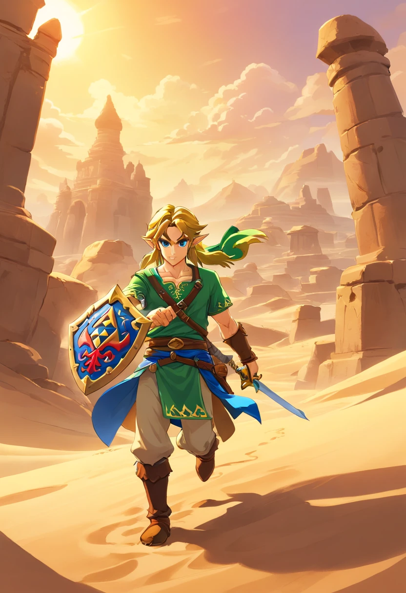 (best quality, Altas, ultra-detalhado), 1Menino de pele negra, nudread, Controlando a areia, azir, Poderes baseados em areia, sand manipulation, controle hipnotizante da areia, intricate sand formations, detailed facial features, olhar intenso, muscular physique, tatuagens douradas, cocar elaborado, exotic desert environment, sunset scenery, Paleta de cores quentes, dramatic lighting, mystic atmosphere, fantasy aesthetic,ancient civilisation, Mysterious ruins.